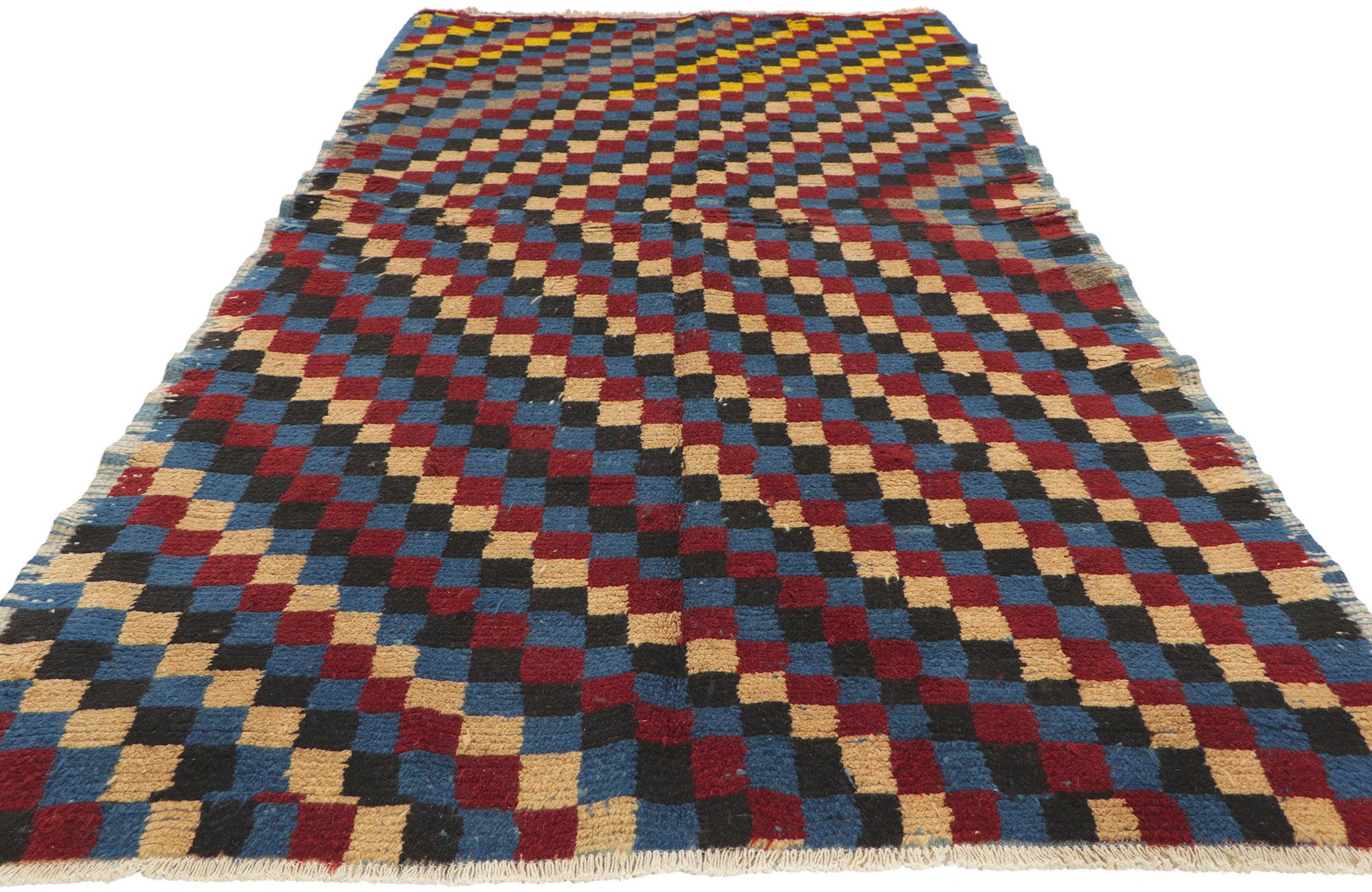 Hand-Knotted Vintage Turkish Tulu Bauhaus Rug with Checkerboard Pattern For Sale