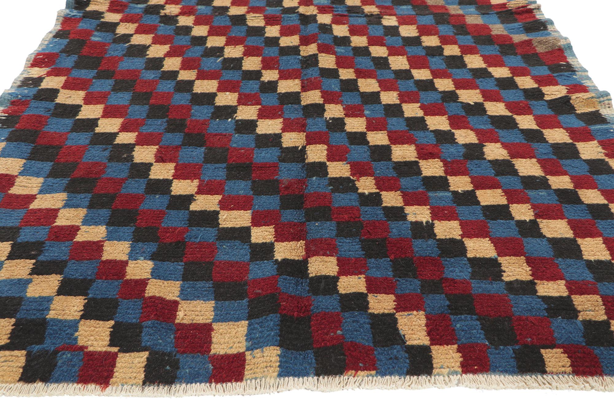 Vintage Turkish Tulu Bauhaus Rug with Checkerboard Pattern In Good Condition For Sale In Dallas, TX