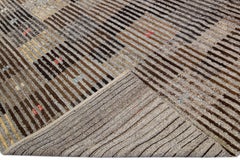 Vintage Turkish Tulu Brown Handmade Geometric Stripe Pattern Wool Rug