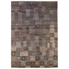 Vintage Turkish Tulu Brown Handmade Geometric Stripe Pattern Wool Rug