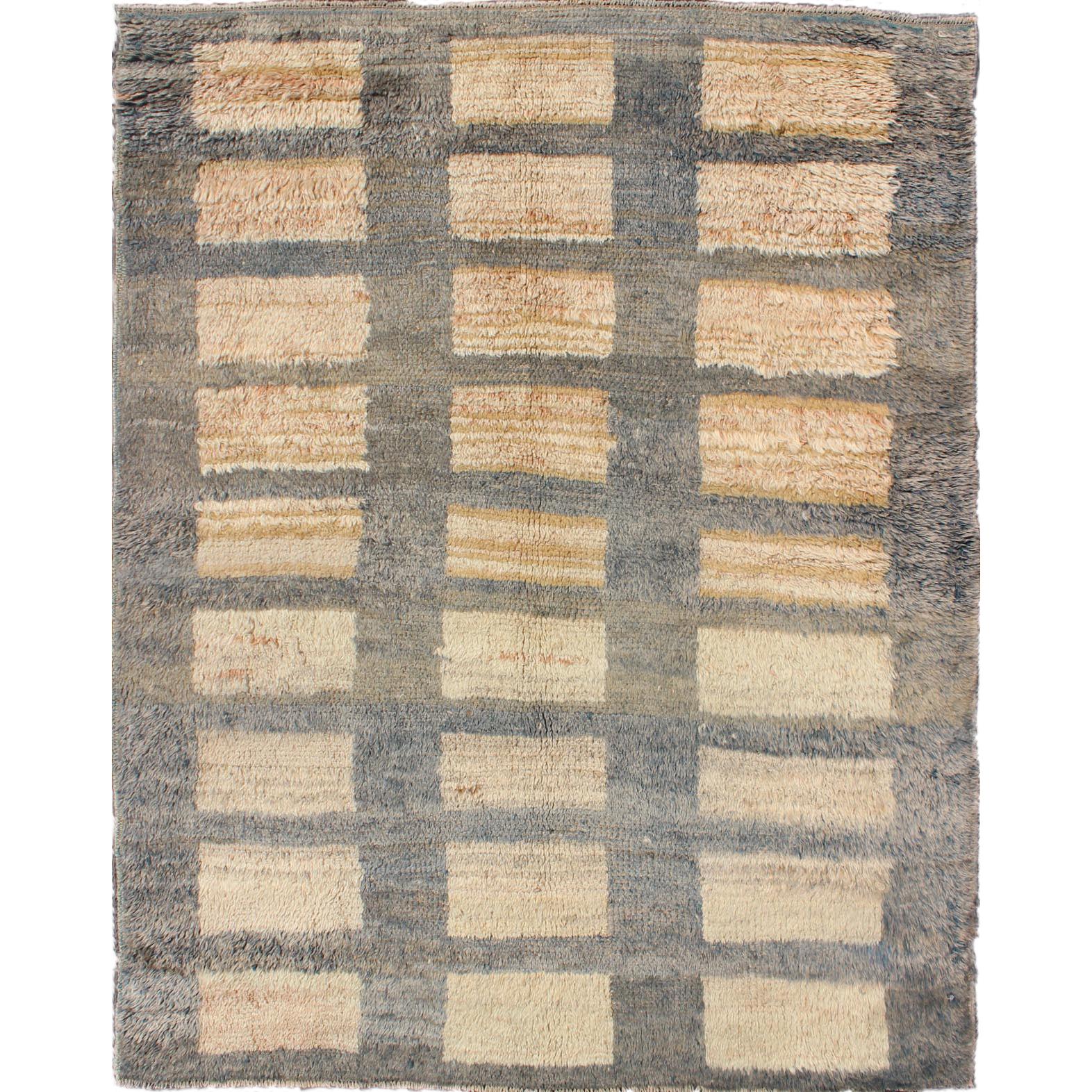 Vintage Turkish Tulu Carpet with Sand Rectangles with Gray Outlines 