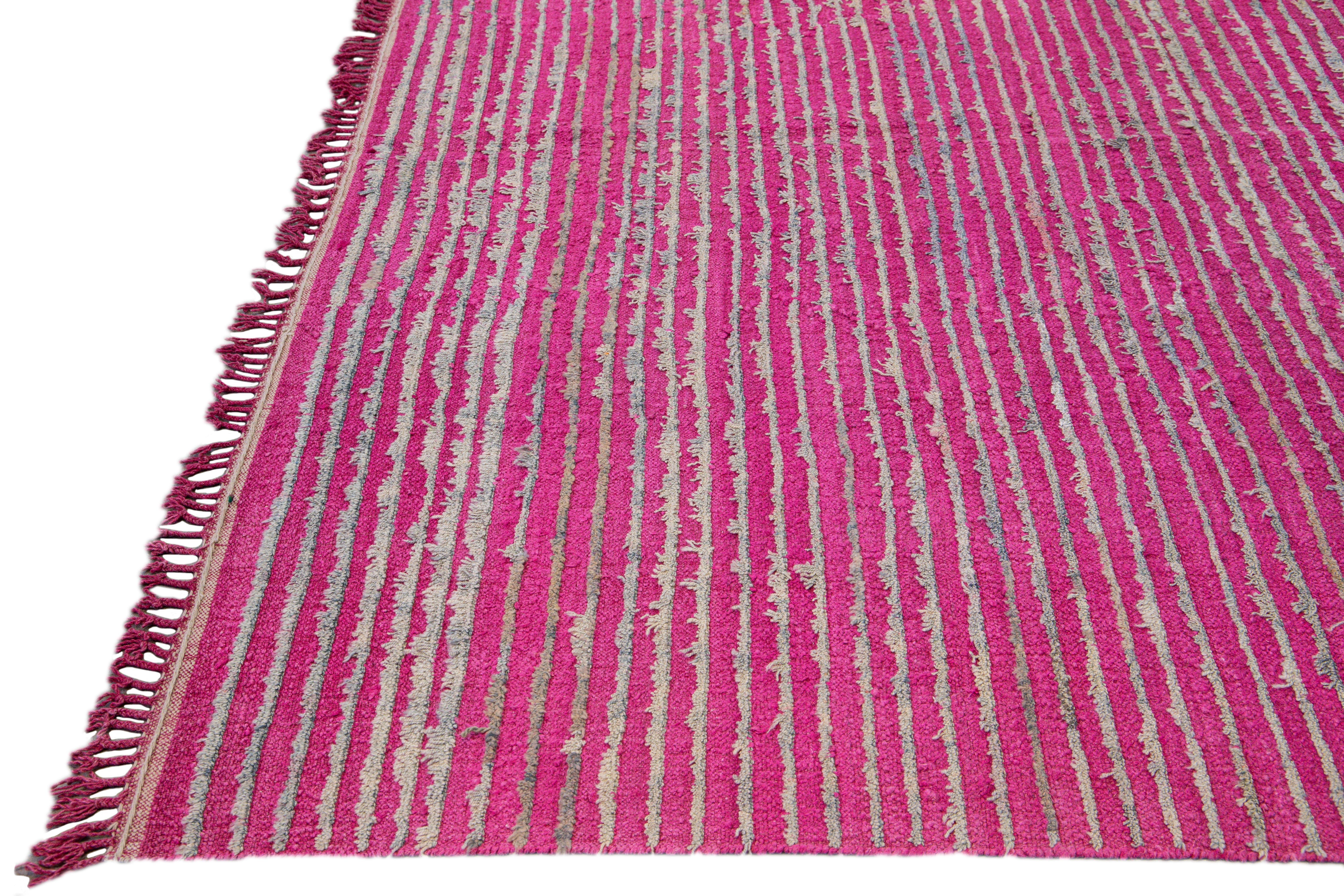 Asian Vintage Turkish Tulu Flatweave Pink Stripe Pattern Wool Rug For Sale
