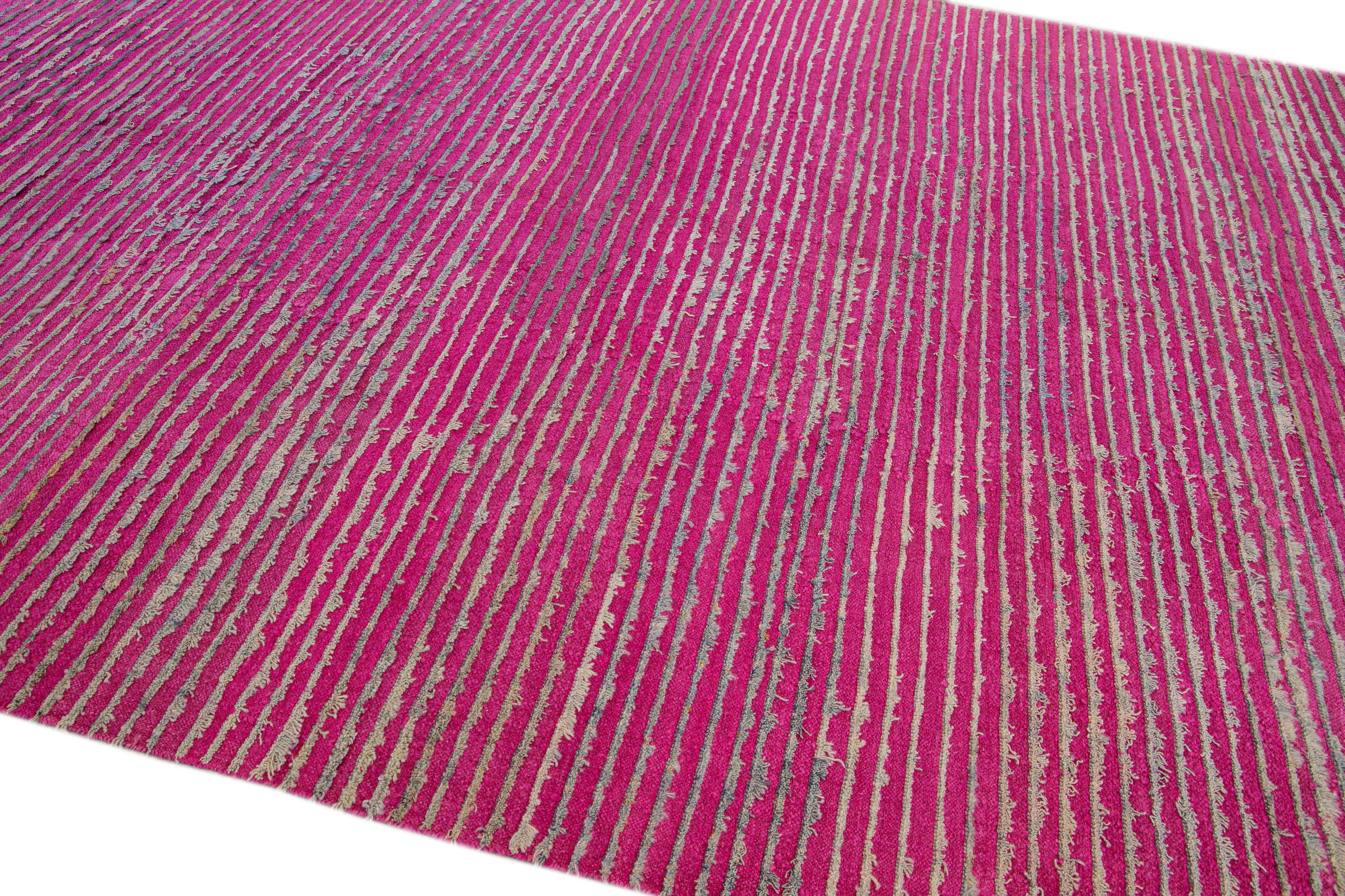 Hand-Knotted Vintage Turkish Tulu Flatweave Pink Stripe Pattern Wool Rug For Sale