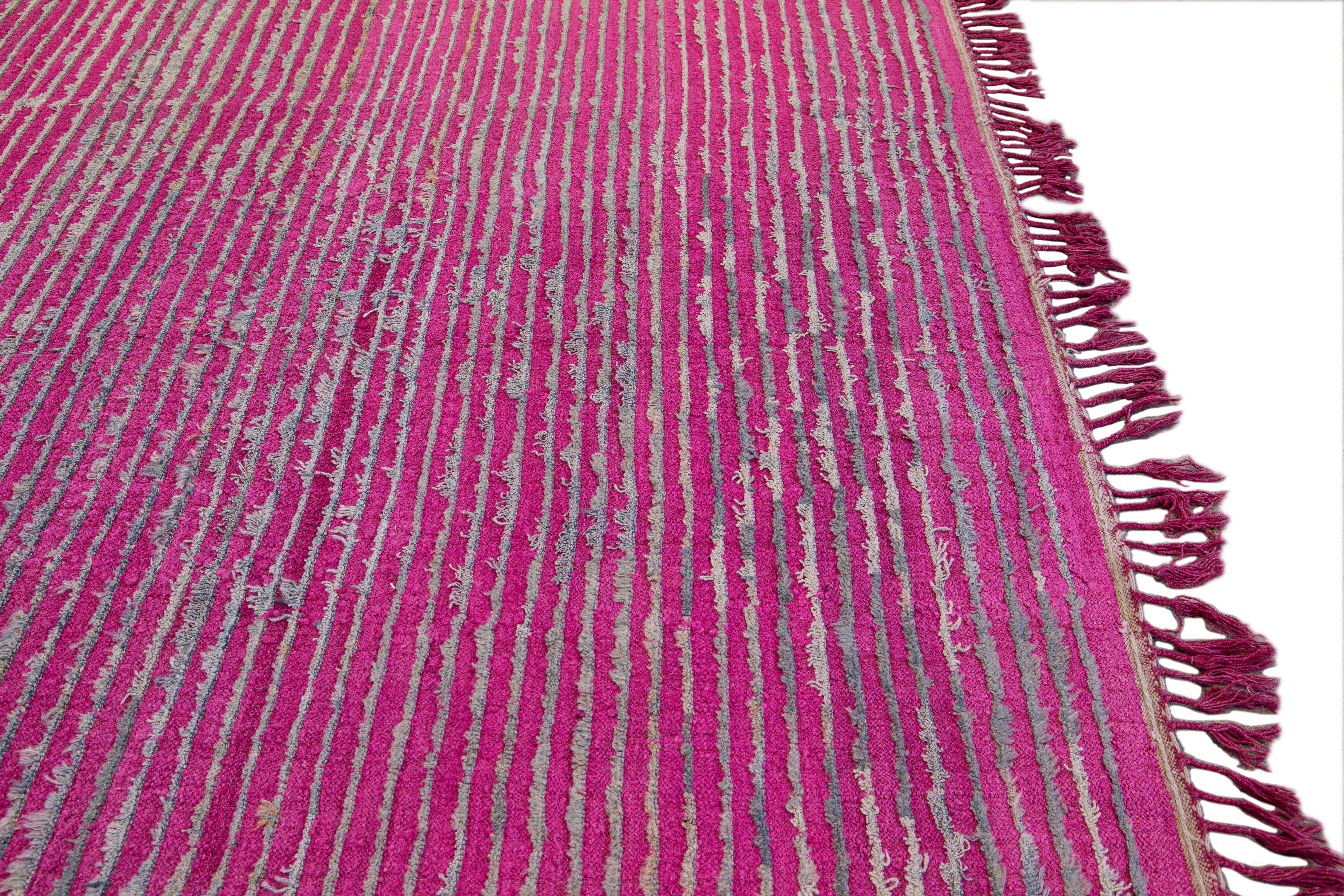 Vintage Turkish Tulu Flatweave Pink Stripe Pattern Wool Rug In Excellent Condition For Sale In Norwalk, CT