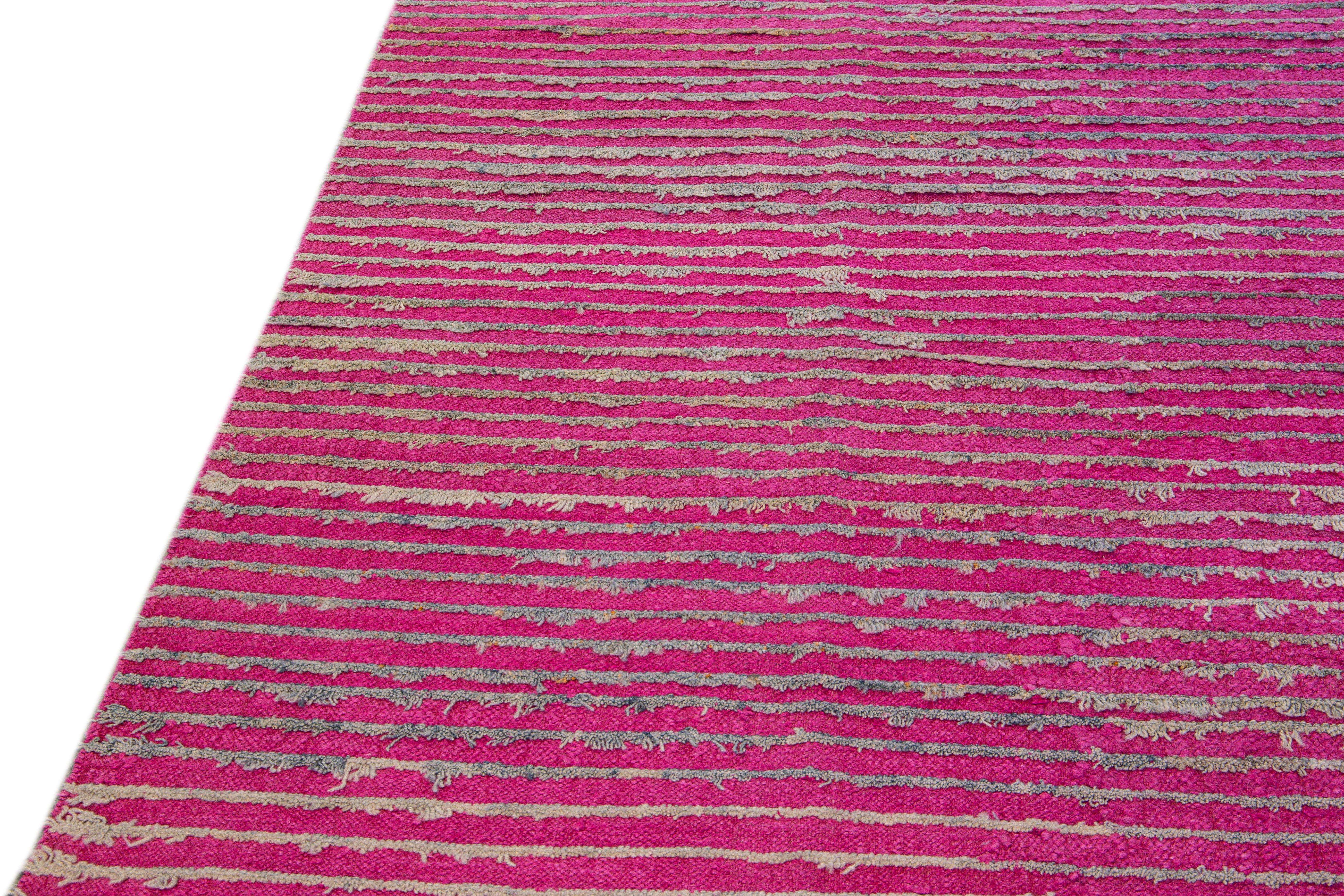 Vintage Turkish Tulu Flatweave Pink Stripe Pattern Wool Rug For Sale 1