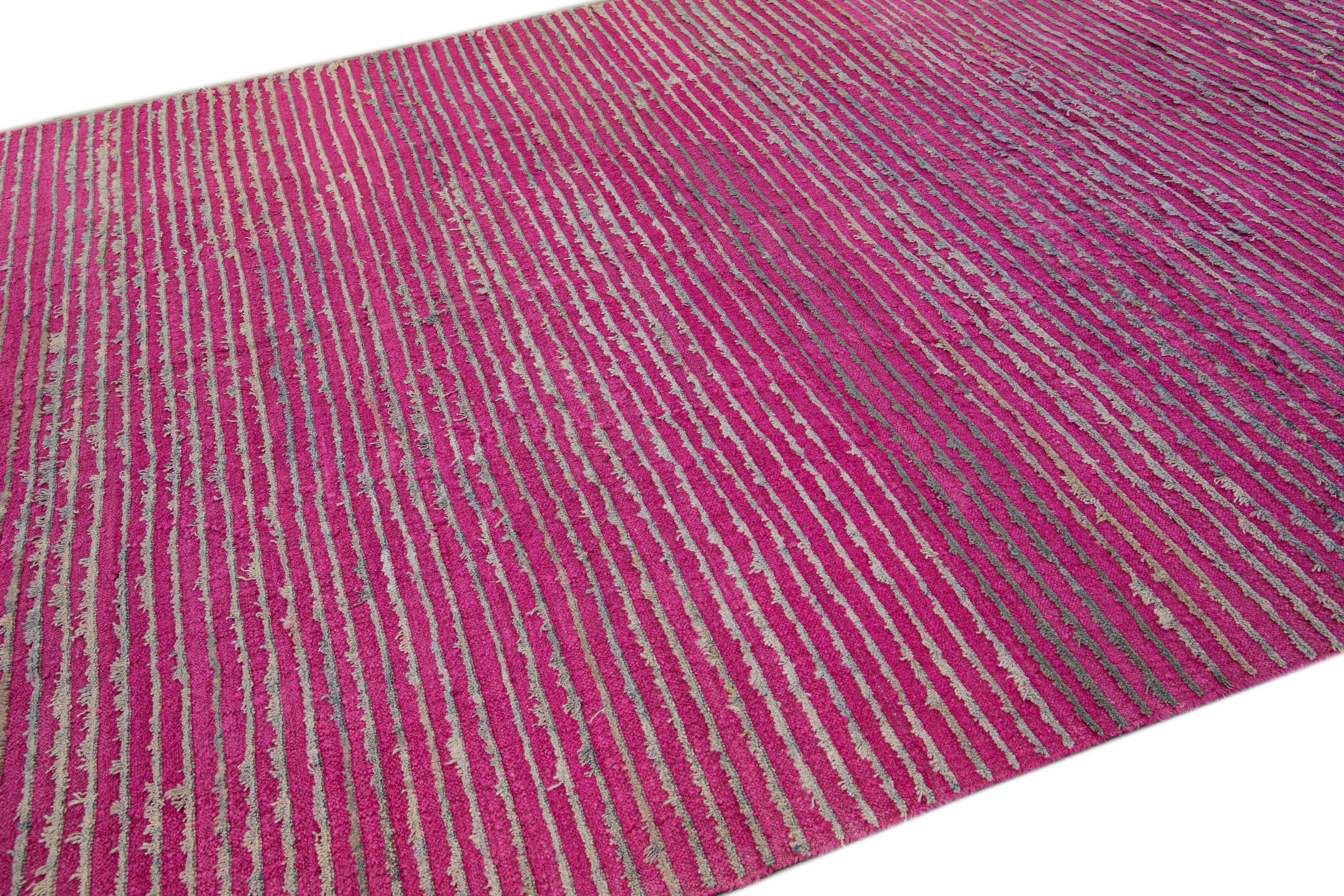 Vintage Turkish Tulu Flatweave Pink Stripe Pattern Wool Rug For Sale 2