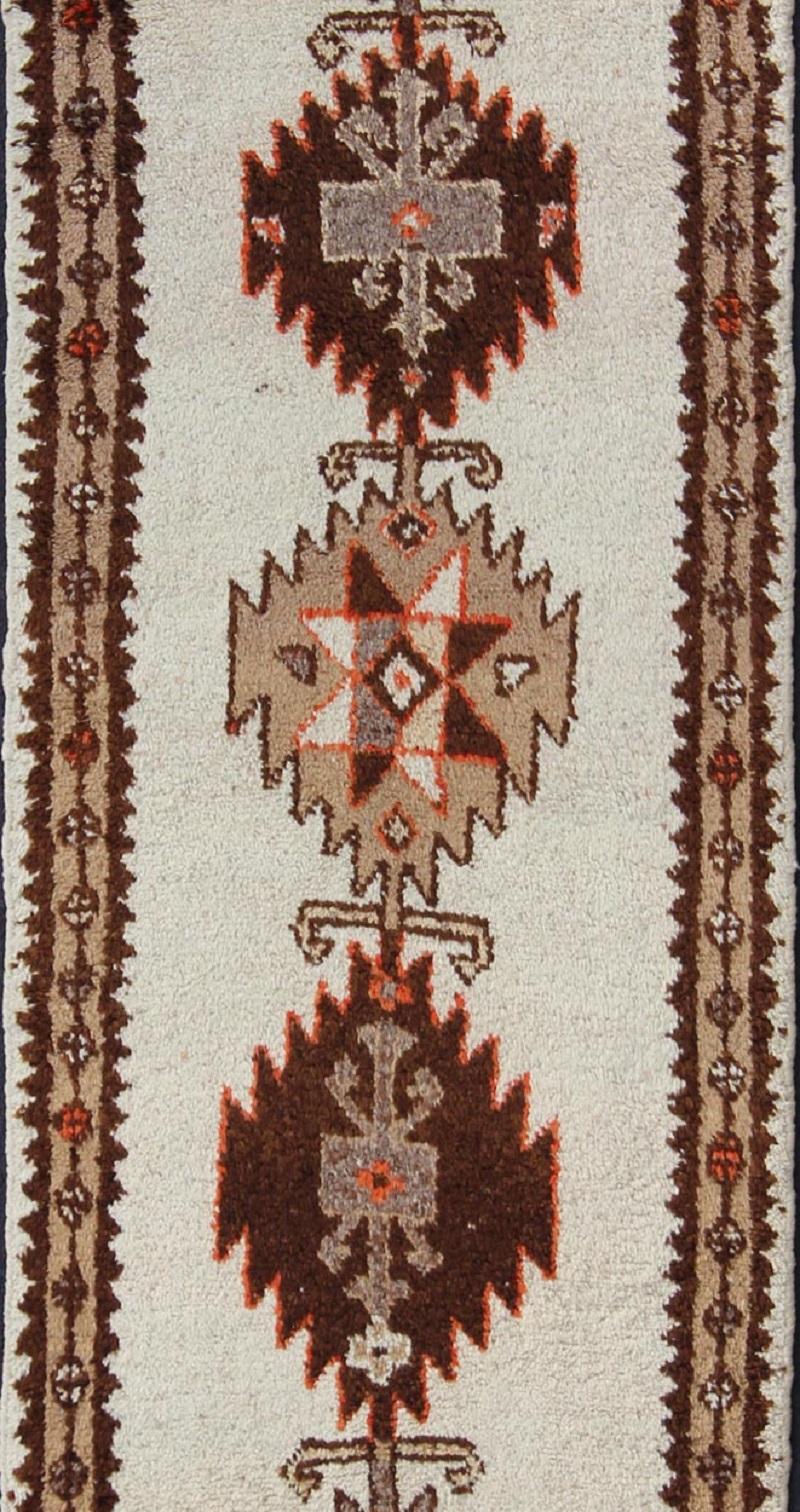 Hand-Knotted Vintage Turkish Tulu Gallery Rug in Shades of Brown and Gray with Medallions For Sale