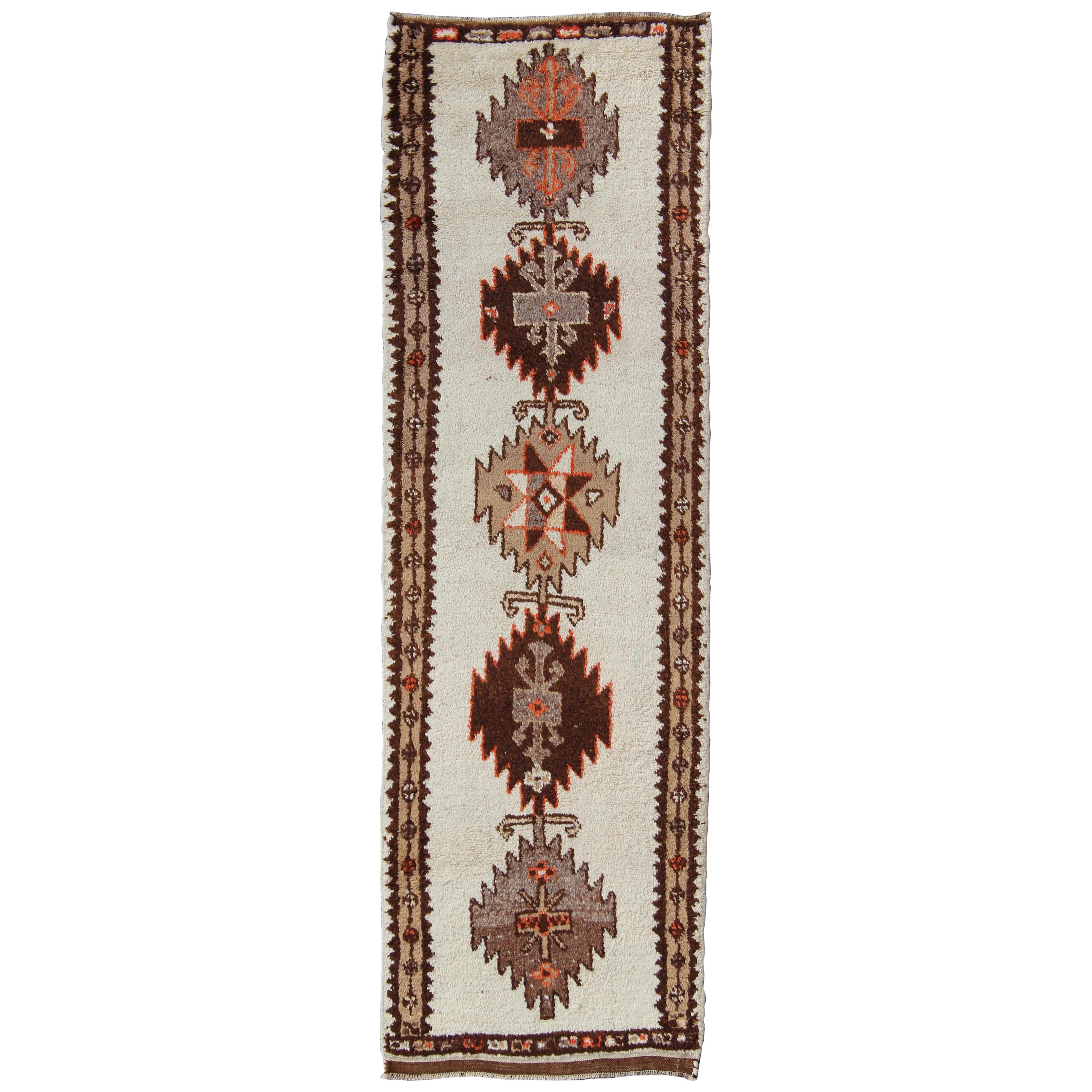 Vintage Turkish Tulu Gallery Rug in Shades of Brown and Gray with Medallions For Sale
