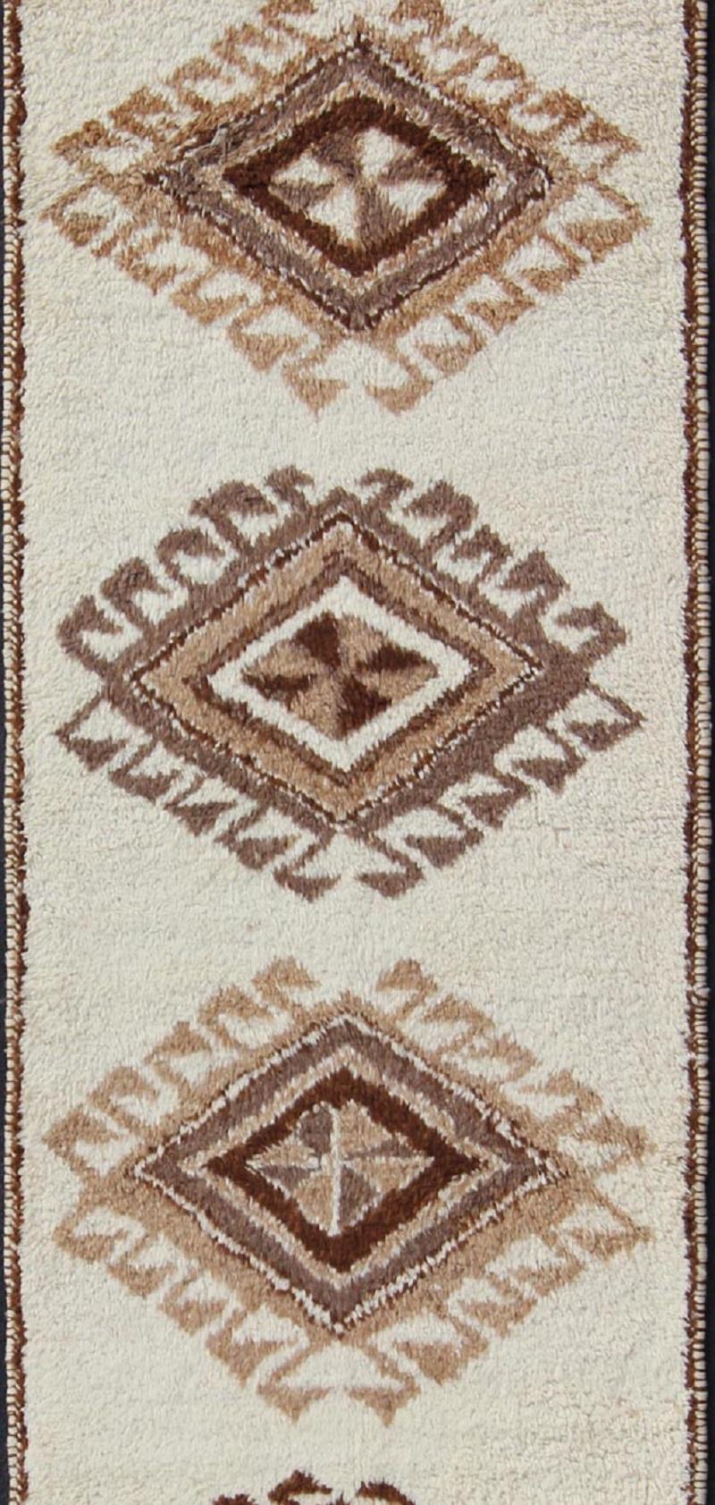 Hand-Knotted Vintage Turkish Tulu Gallery Rug with Tribal Diamond Design in Cream and Brown For Sale