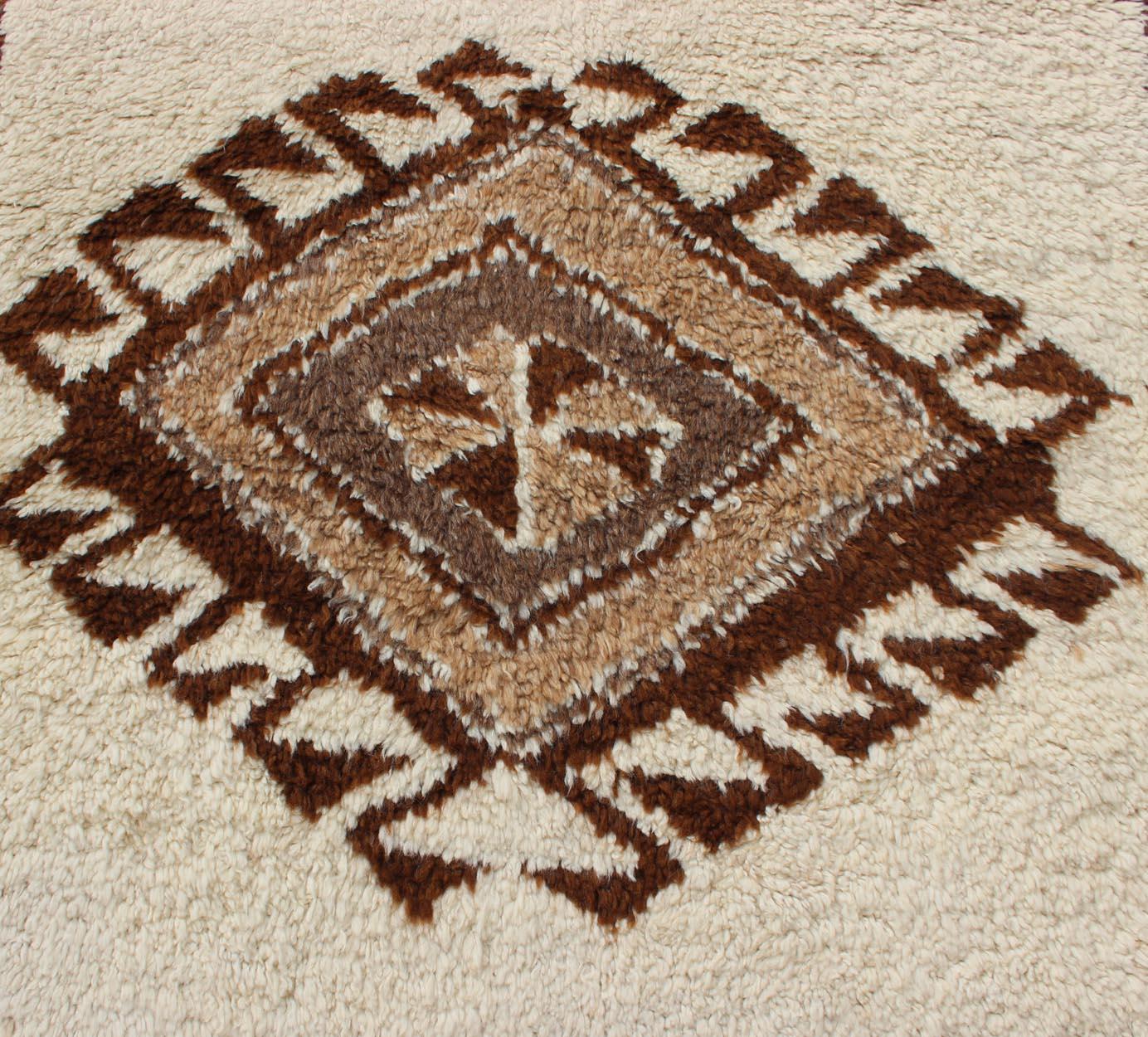Wool Vintage Turkish Tulu Gallery Rug with Tribal Diamond Design in Cream and Brown For Sale