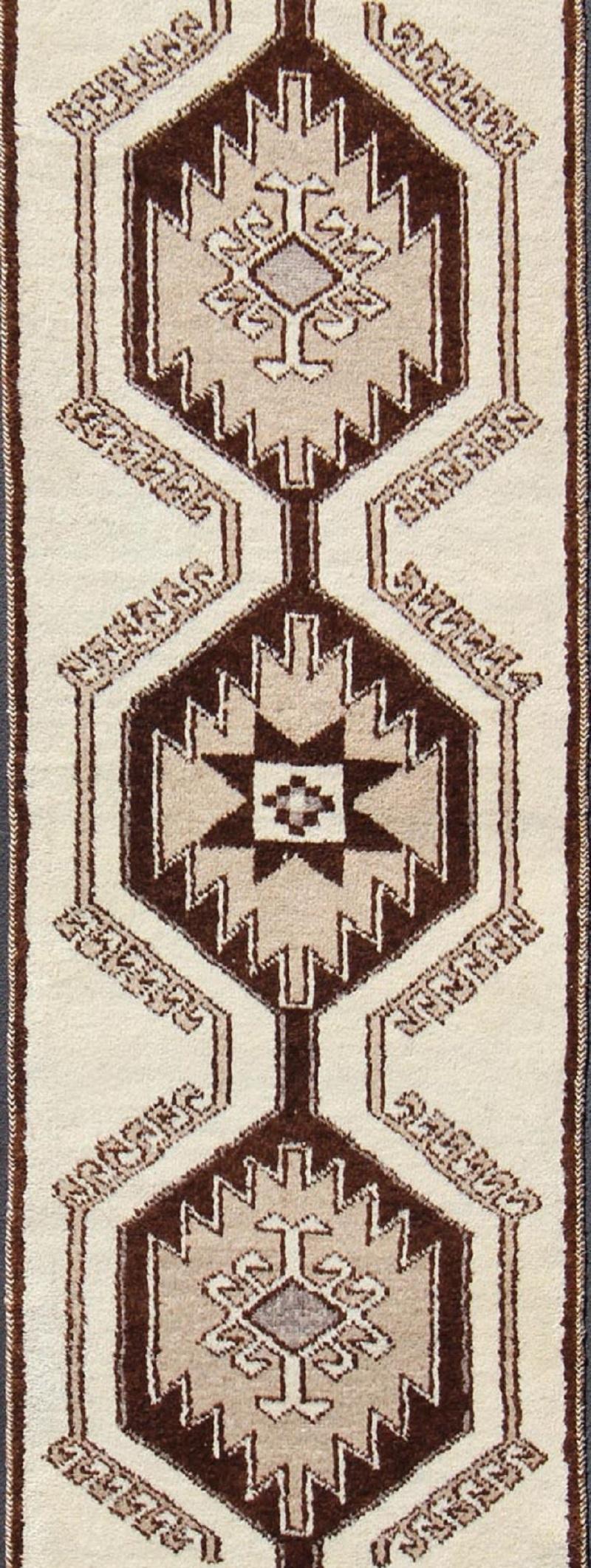 Hand-Knotted Vintage Turkish Tulu Gallery Rug with Tribal Medallions in Shades of Brown For Sale