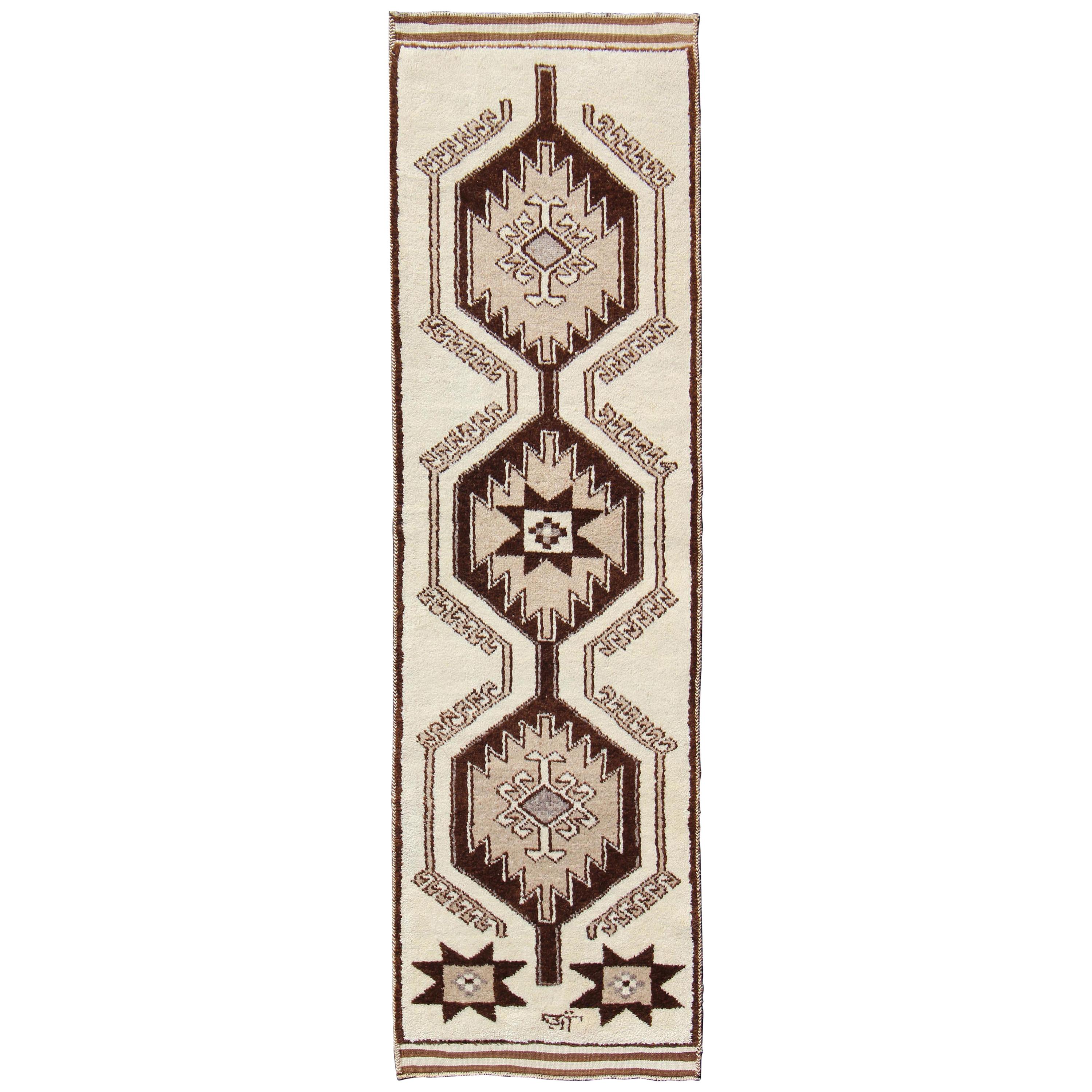Vintage Turkish Tulu Gallery Rug with Tribal Medallions in Shades of Brown For Sale