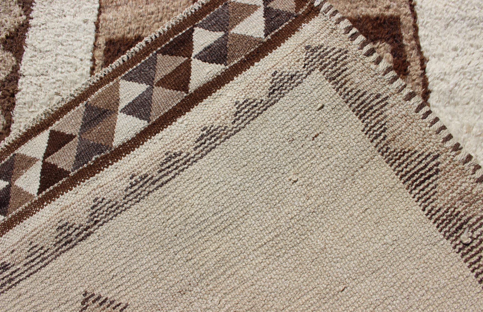 Vintage Turkish Tulu Gallery Rug with Tribal Motifs in Shades of Brown and Cream For Sale 4