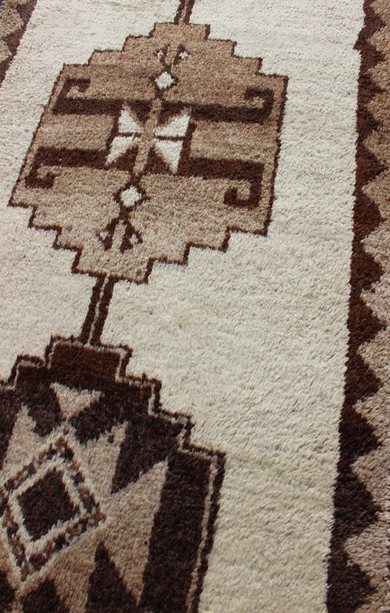 Vintage Turkish Tulu Gallery Rug with Tribal Motifs in Shades of Brown and Cream For Sale 3