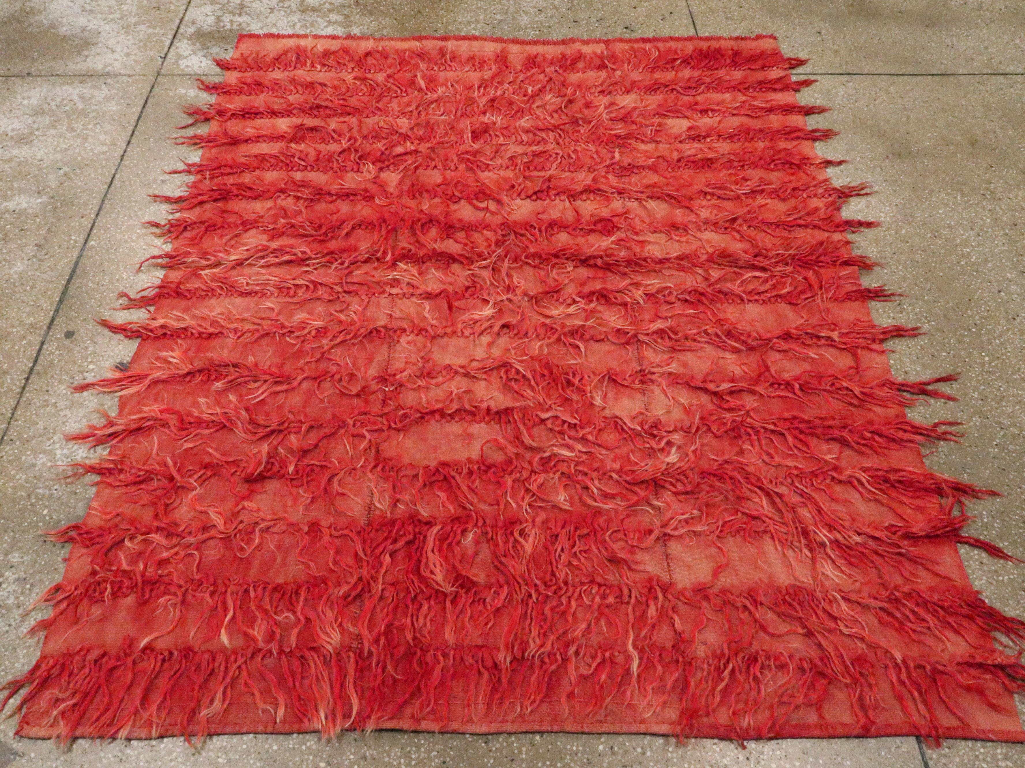 Hand-Knotted Mid-20th Century Shaggy Turkish Rug With A Red Tribal Design For Sale