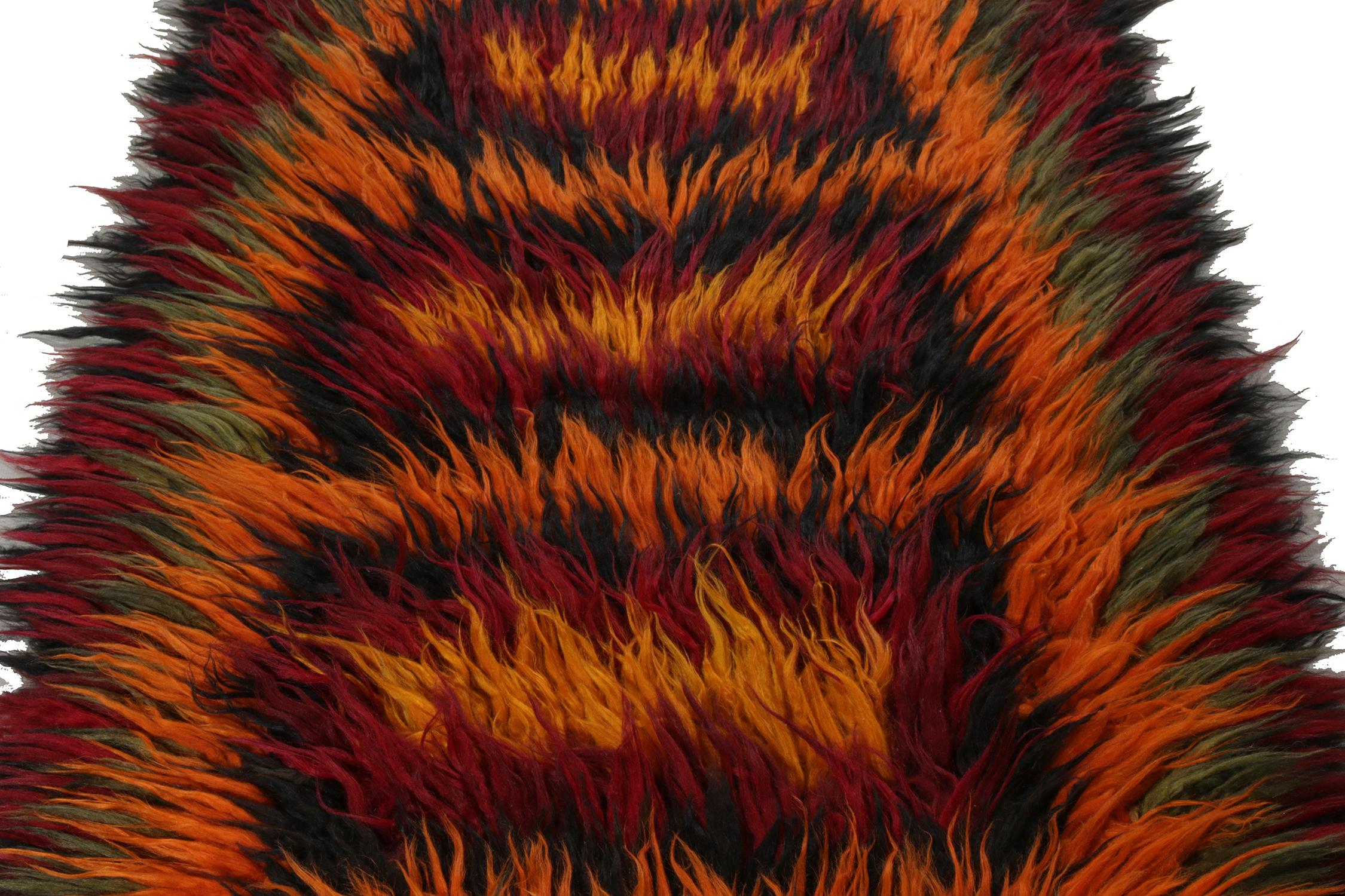 Hand-Knotted Vintage Turkish Tulu rug in Orange, Brown, Black, Green Shag Pile by Rug & Kilim For Sale