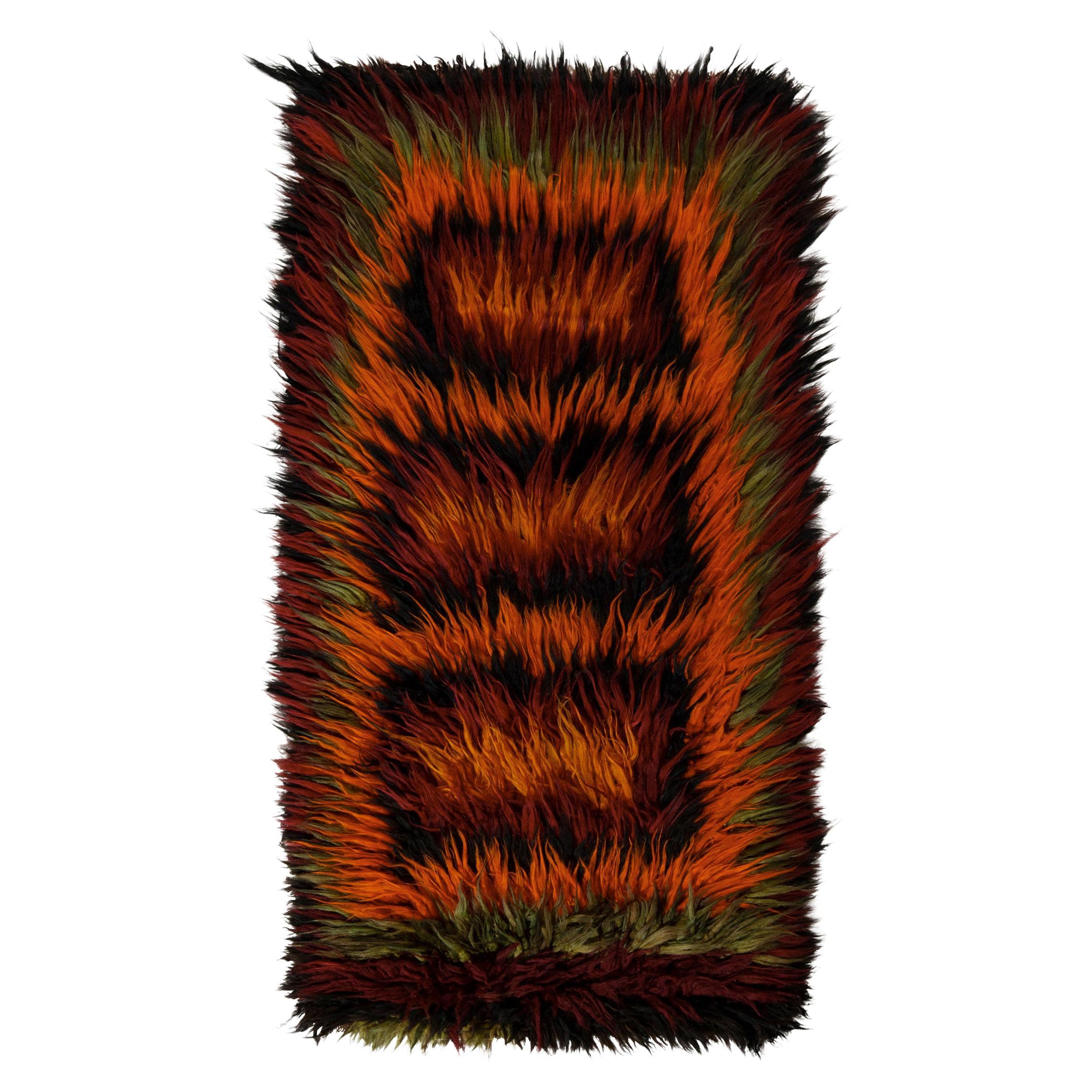 Vintage Turkish Tulu rug in Orange, Brown, Black, Green Shag Pile by Rug & Kilim For Sale