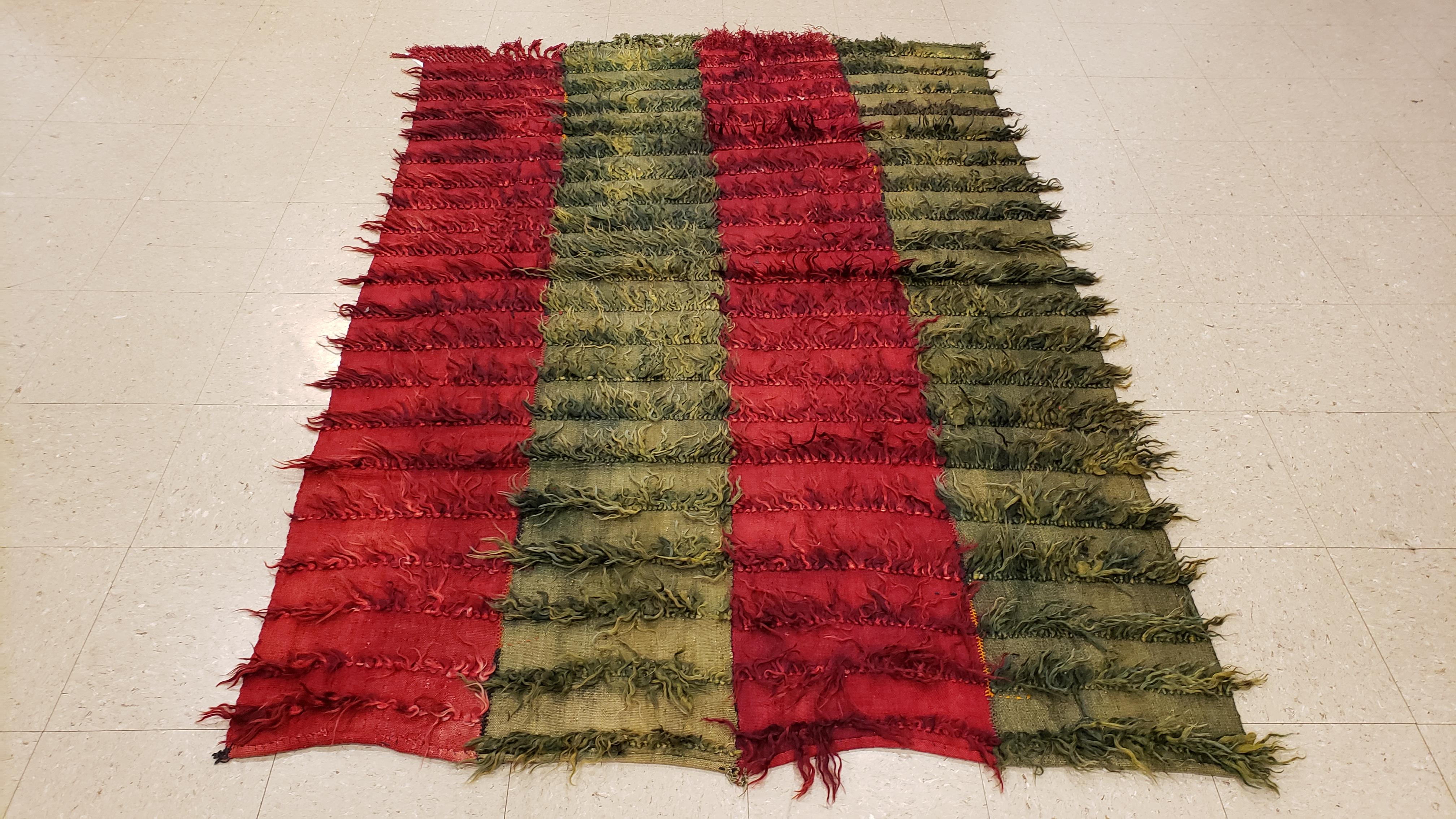 Wool Vintage Turkish Tulu Rug, Long hair Angora wool, Green and Red For Sale
