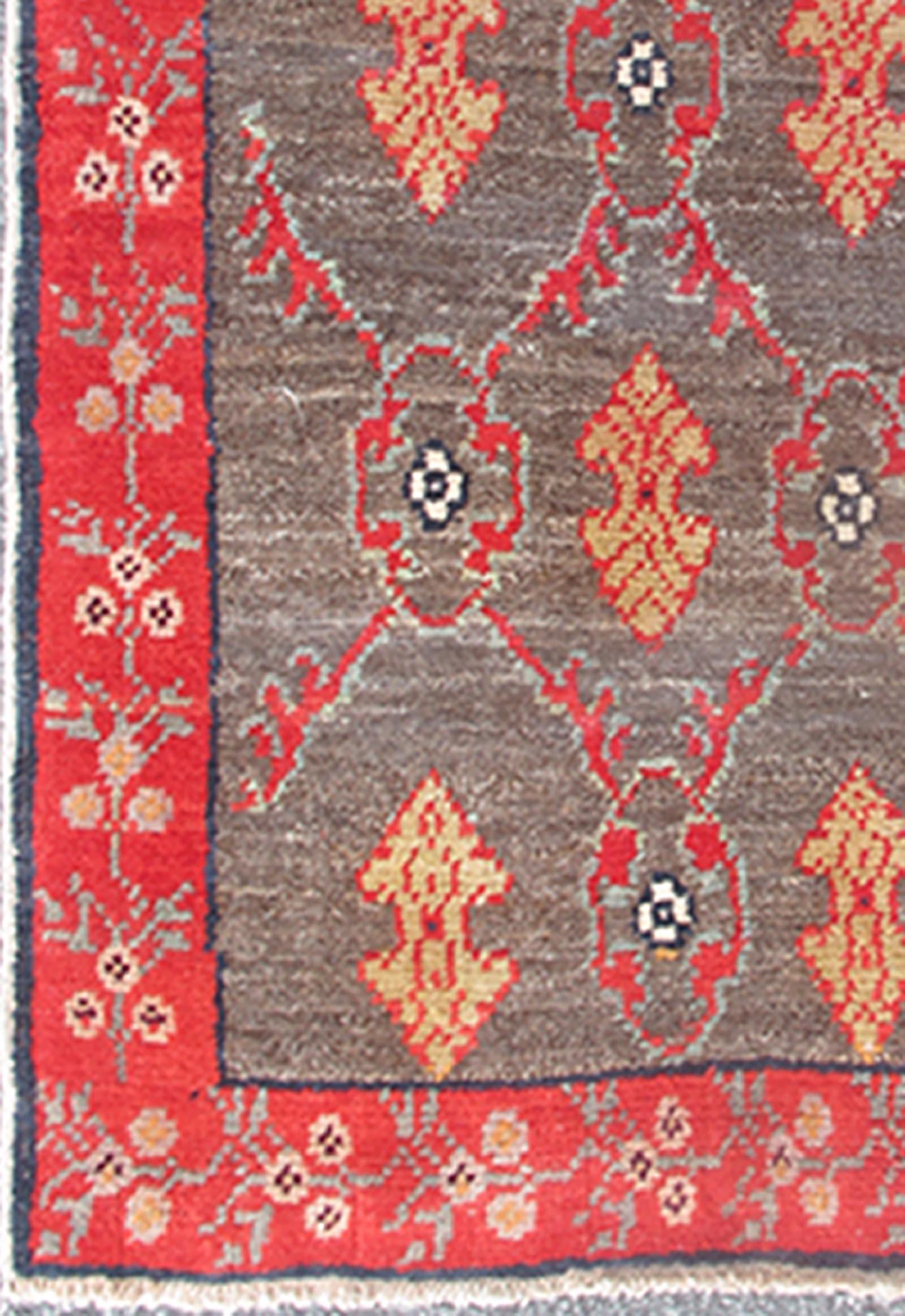 Hand-Knotted Vintage Turkish Tulu Rug with a Modern Design in Gray Background & Red Border For Sale