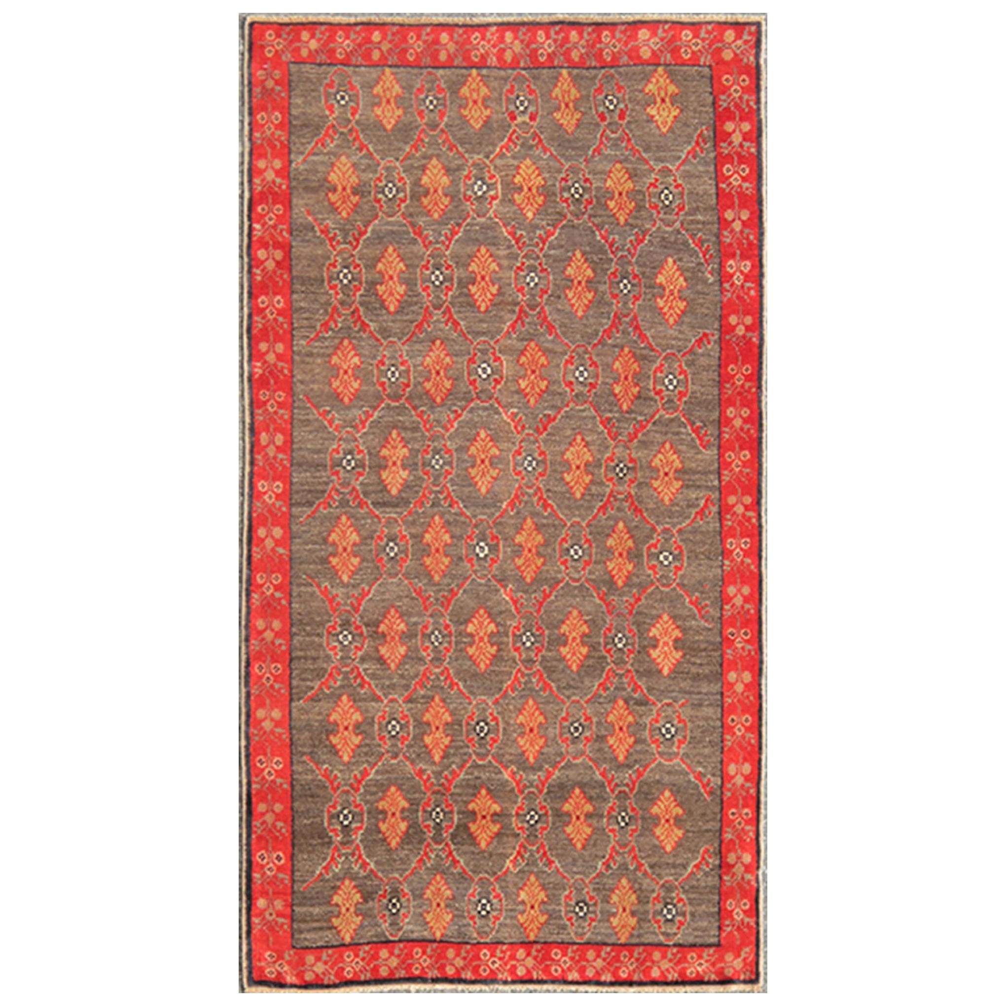 Vintage Turkish Tulu Rug with a Modern Design in Gray Background & Red Border