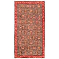 Retro Turkish Tulu Rug with a Modern Design in Gray Background & Red Border