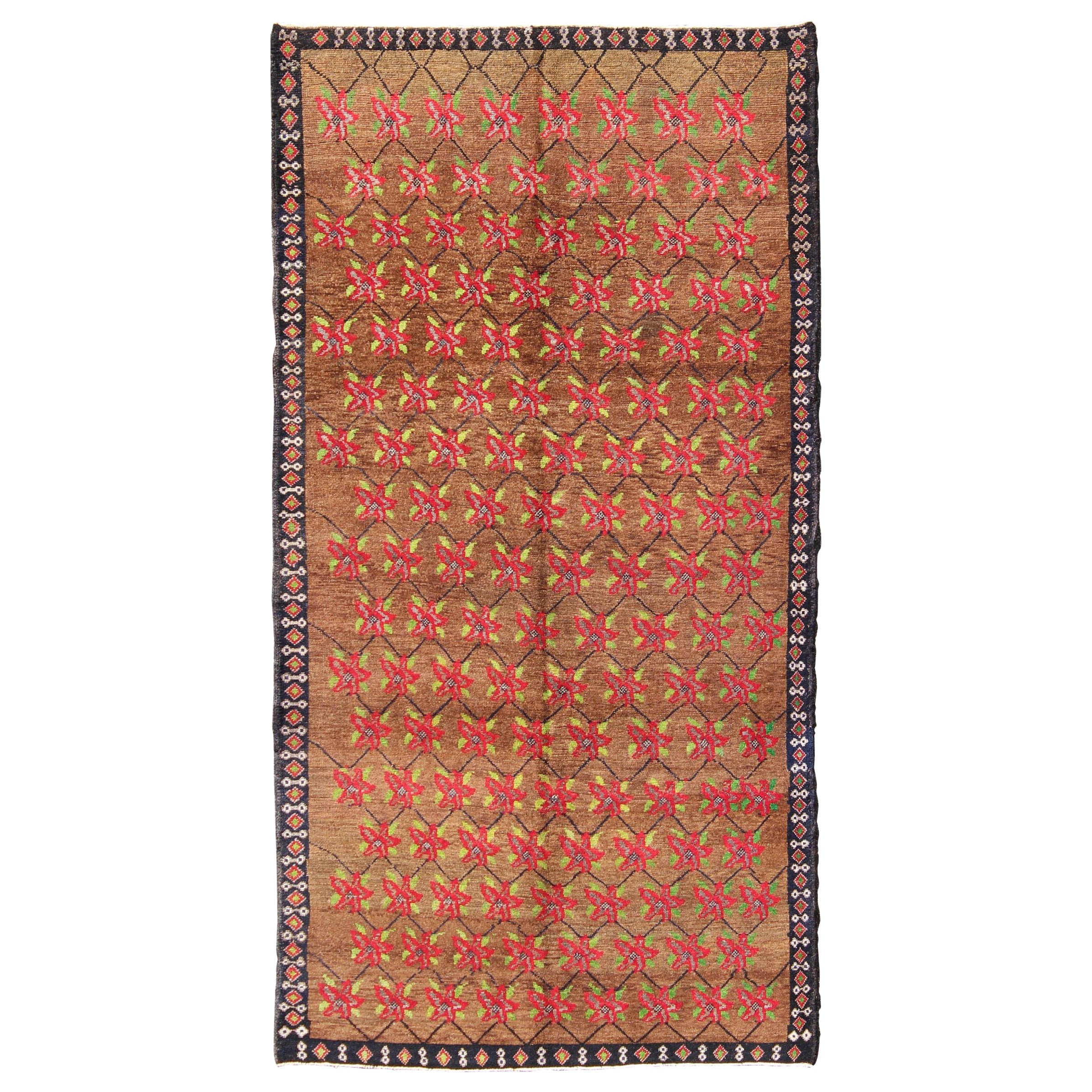 Türkischer Tulu-Teppich mit modernem Design und Poinsettia-Blumenmuster, Vintage