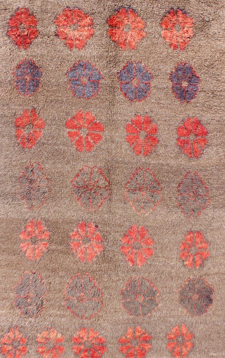 Hand-Knotted Vintage Turkish Tulu Rug with All-Over Floral Design and Ice Blue Border