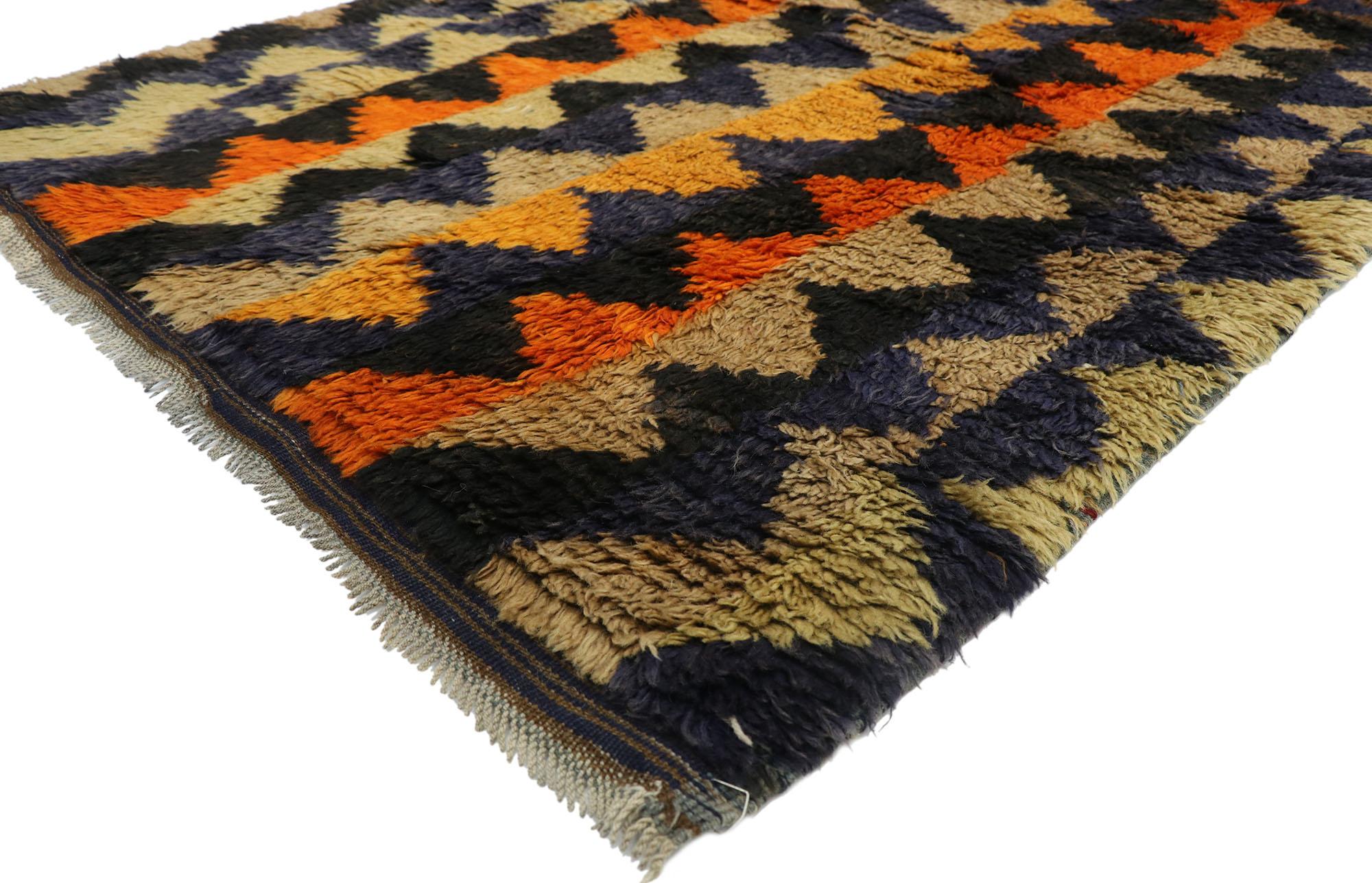 52712, vintage Turkish Tulu rug with Bold Art Deco style. With a bold geometric form, Art Deco style, and retro flair, this hand knotted wool vintage Turkish Tulu rug astounds with its beauty. Bold colors and plush pile bring harmony to this vintage