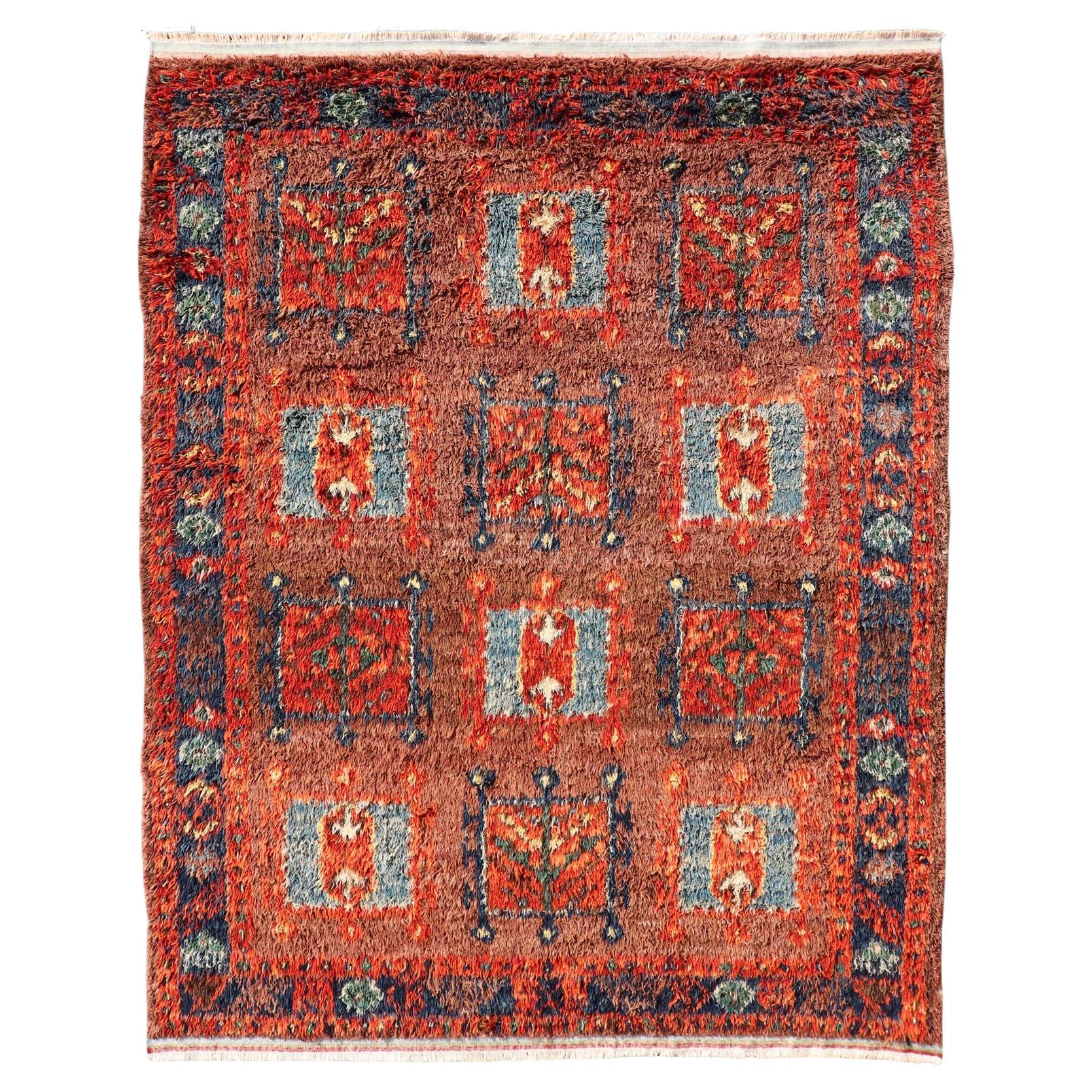 Vintage Turkish Tulu Rug with Bold Red Field and Blue Geometric Motifs