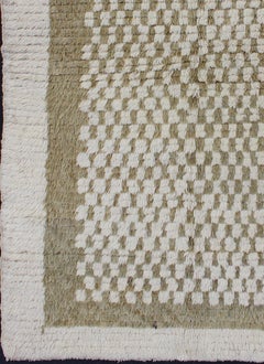 Vintage Turkish Tulu Rug with Checkerboard Pattern in Ivory and Olive Green