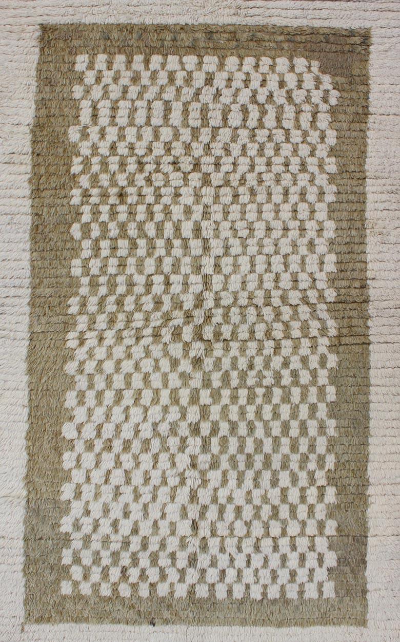 Hand-Knotted Vintage Turkish Tulu Rug with Checkerboard Pattern in Ivory and Olive Green For Sale