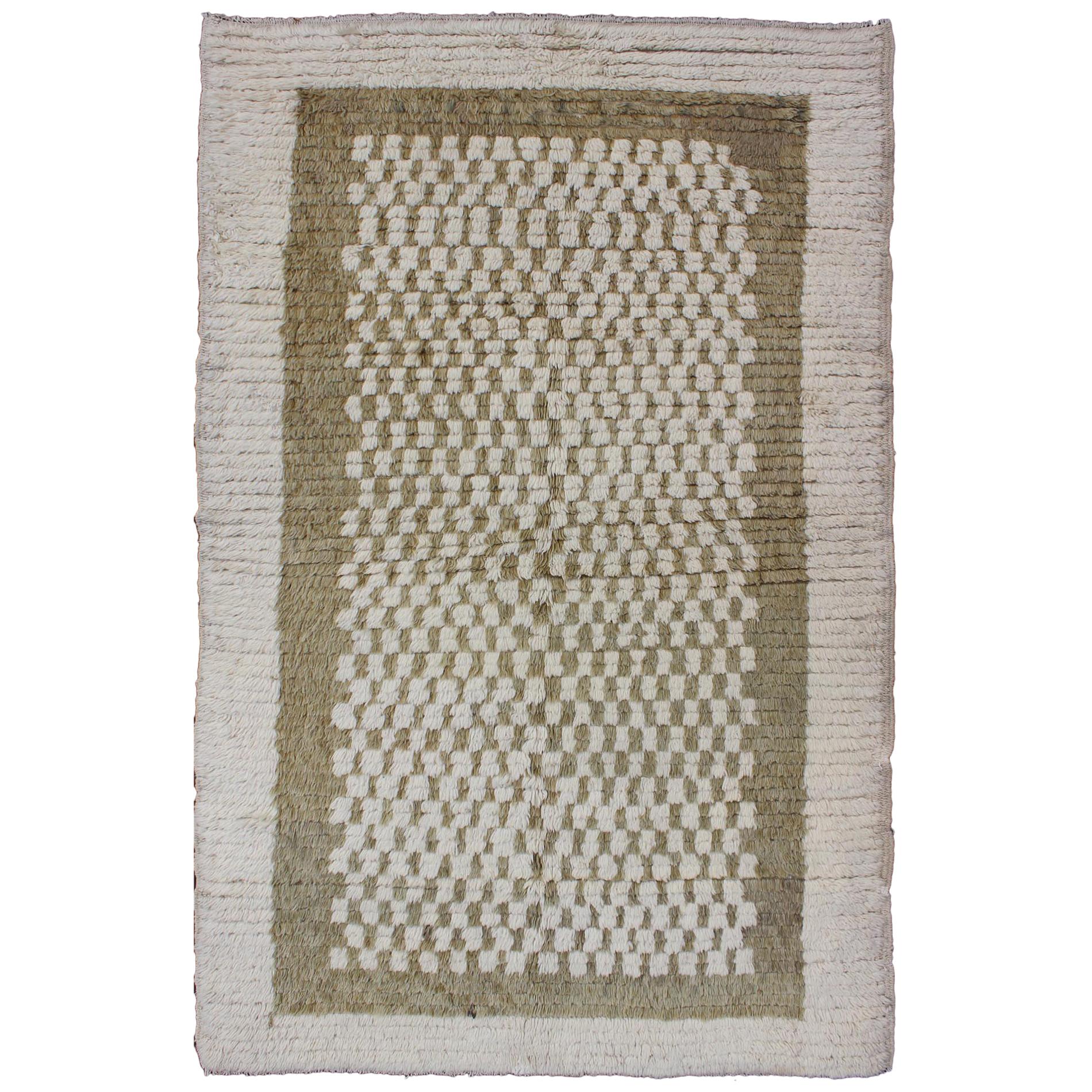 Vintage Turkish Tulu Rug with Checkerboard Pattern in Ivory and Olive Green For Sale