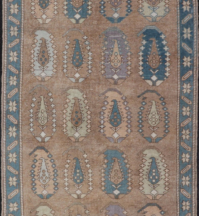 Vintage Turkish Tulu Rug with large Scale Paisley Design in Tans, Brown