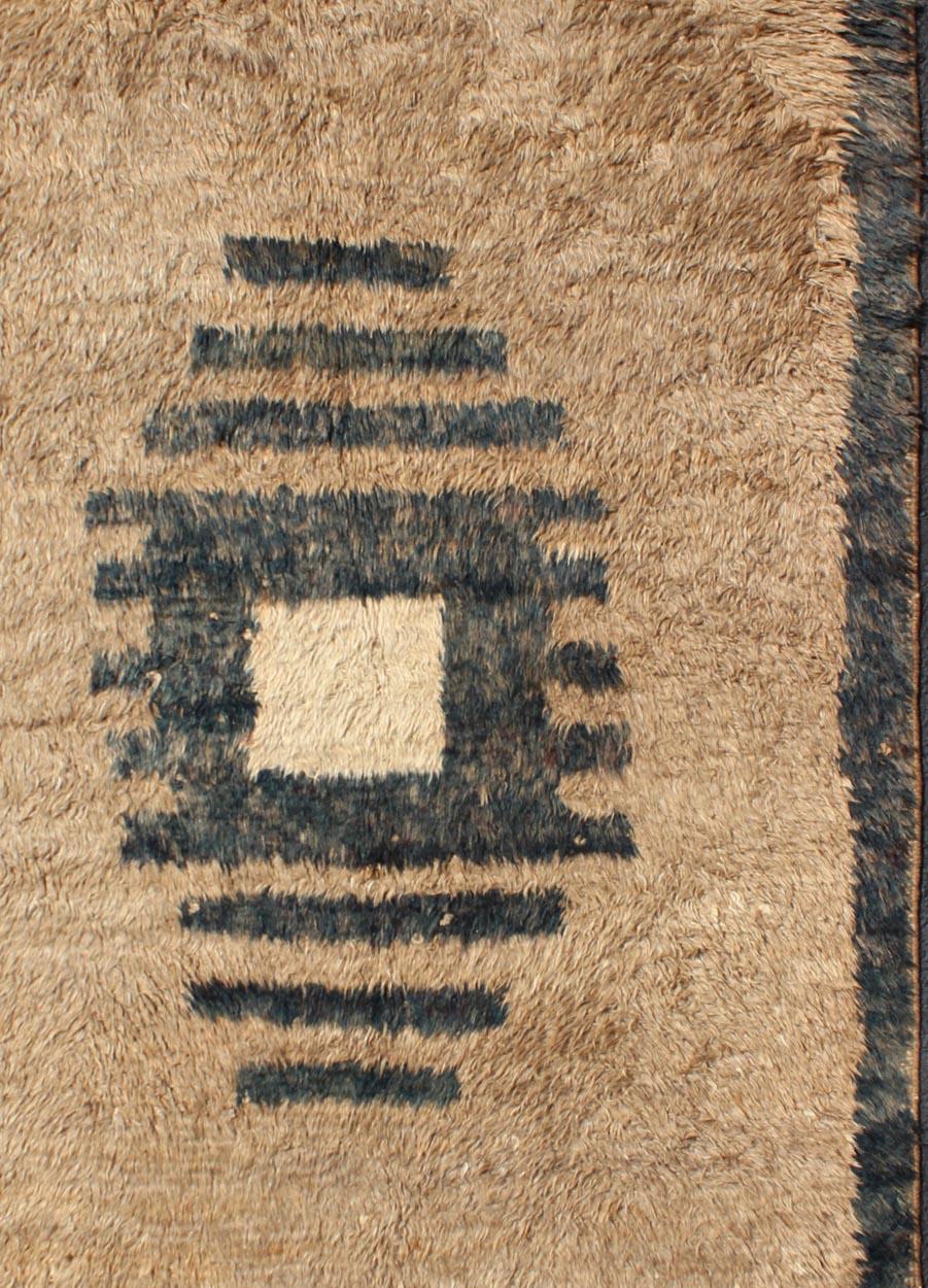 Hand-Knotted Vintage Turkish Tulu Rug with Modern Geometric Medallion in Sand and Charcoal