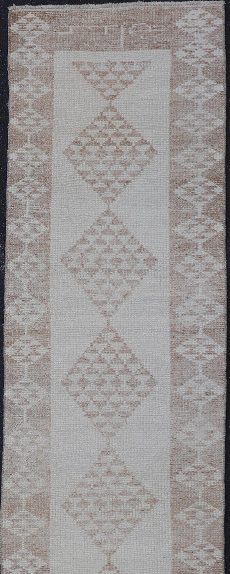 Hand-Knotted Vintage Turkish Tulu Runner -Neutral Tones and Geometric Diamond Patterns For Sale