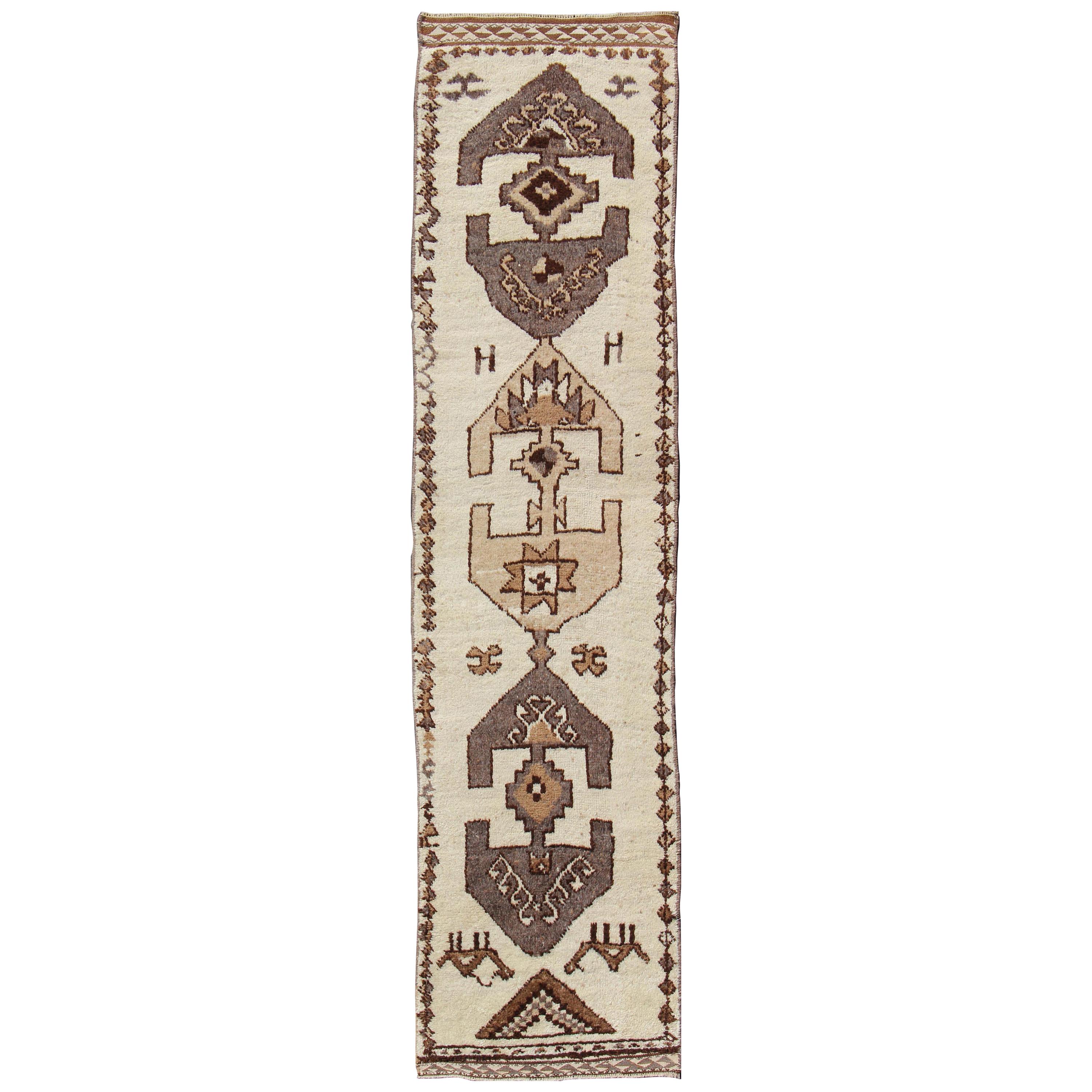 Vintage Turkish Tulu Runner with Bold Tribal Design in Brown, Cream