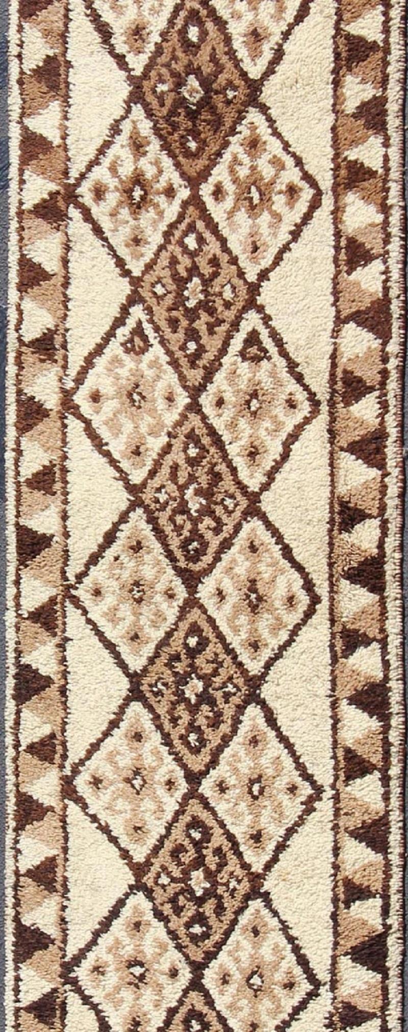Hand-Knotted Vintage Turkish Tulu Runner with Diamond Design in Cream, Brown, and Taupe For Sale