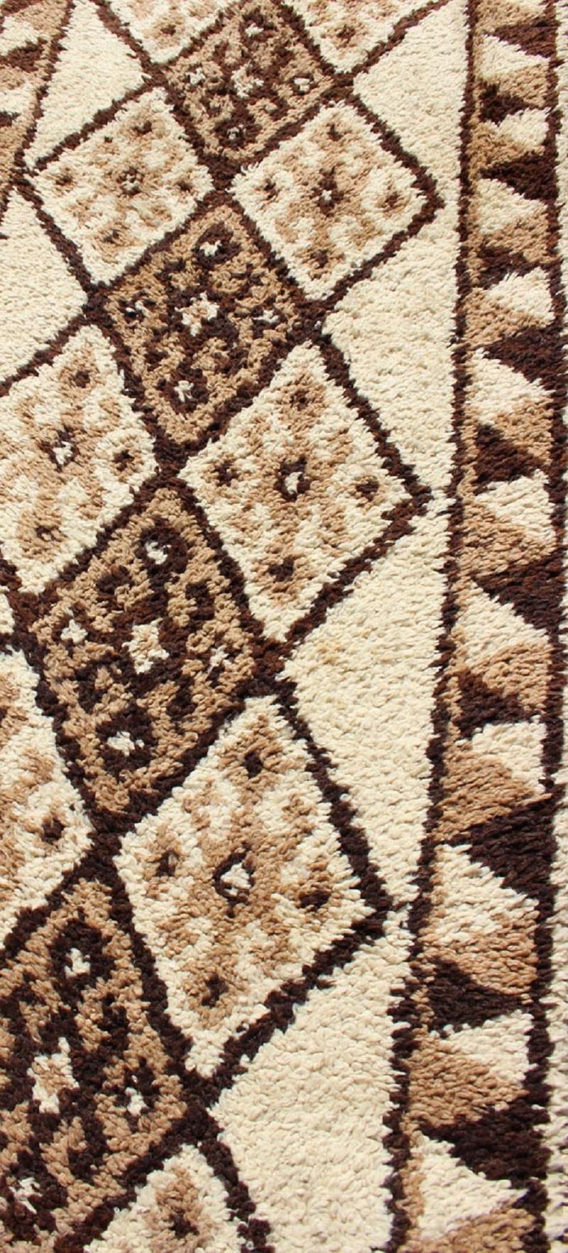 Wool Vintage Turkish Tulu Runner with Diamond Design in Cream, Brown, and Taupe For Sale