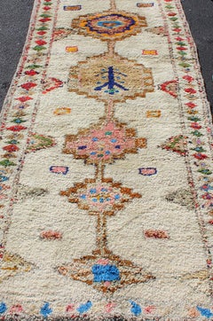 Vintage Turkish Tulu Runner with Ivory, Rose, Blue, and Multicolor 3'9 x 11'4