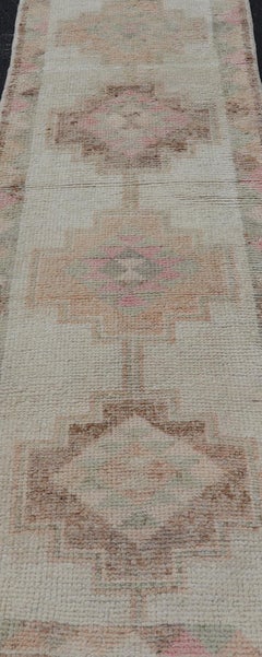 Vintage Turkish Tulu Runner with Soft Pastel and Beige Geometric Patterns
