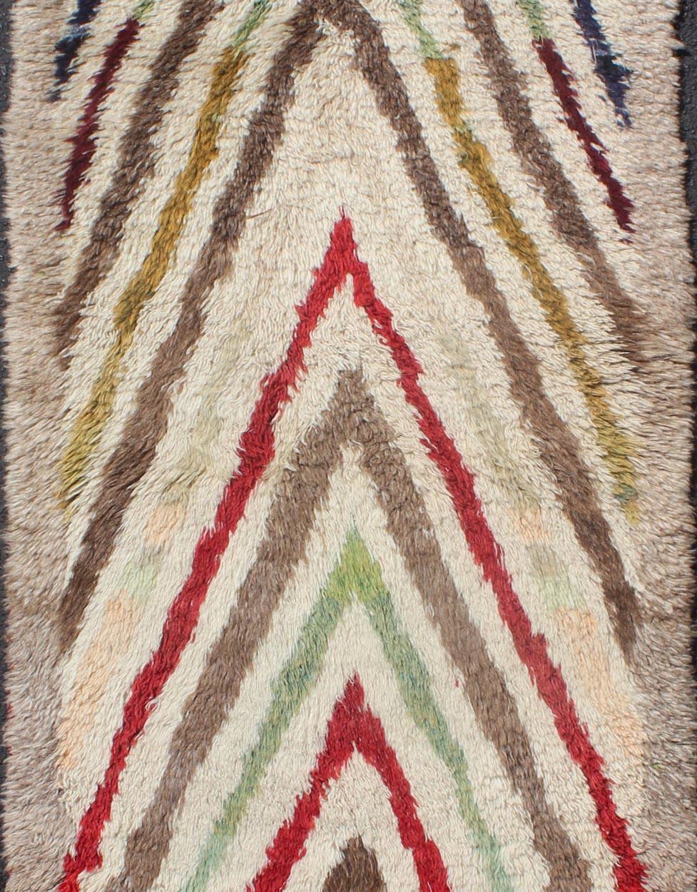 Hand-Knotted Vintage Turkish Tulu Runner with Tribal Design in Cream, Green, Red and Brown For Sale