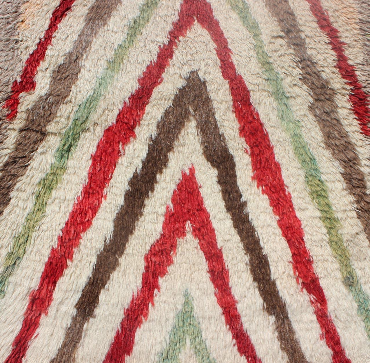 Wool Vintage Turkish Tulu Runner with Tribal Design in Cream, Green, Red and Brown For Sale