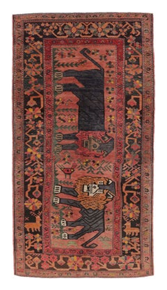 Vintage Turkish Twin Lion Pictorial Rug Colorful Tribal Motifs - Rug & Kilim