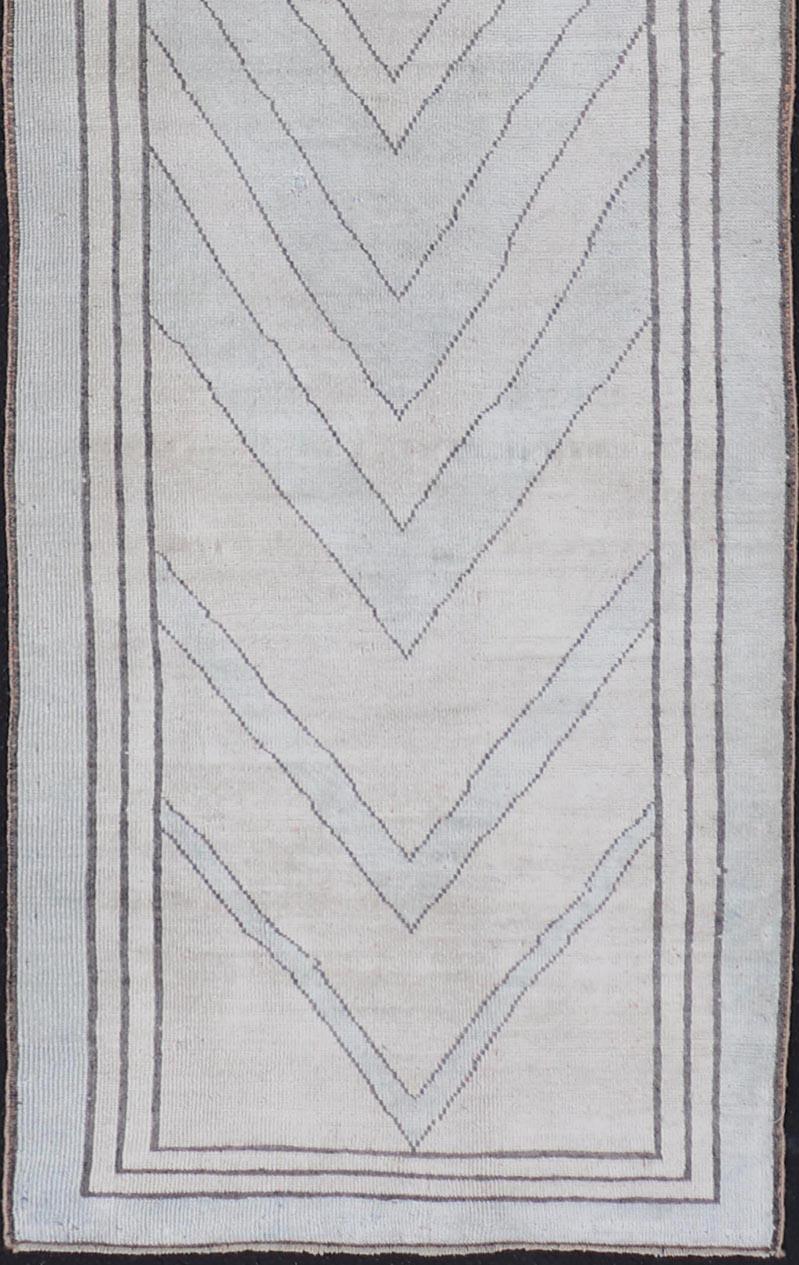 Oushak Vintage Turkish Unique Runner with Modern Design in Lt. Blue, Taupe and Brown For Sale