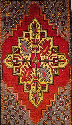 Vintage Turkish Village Prayer Rug in Red, Yellow, Purple