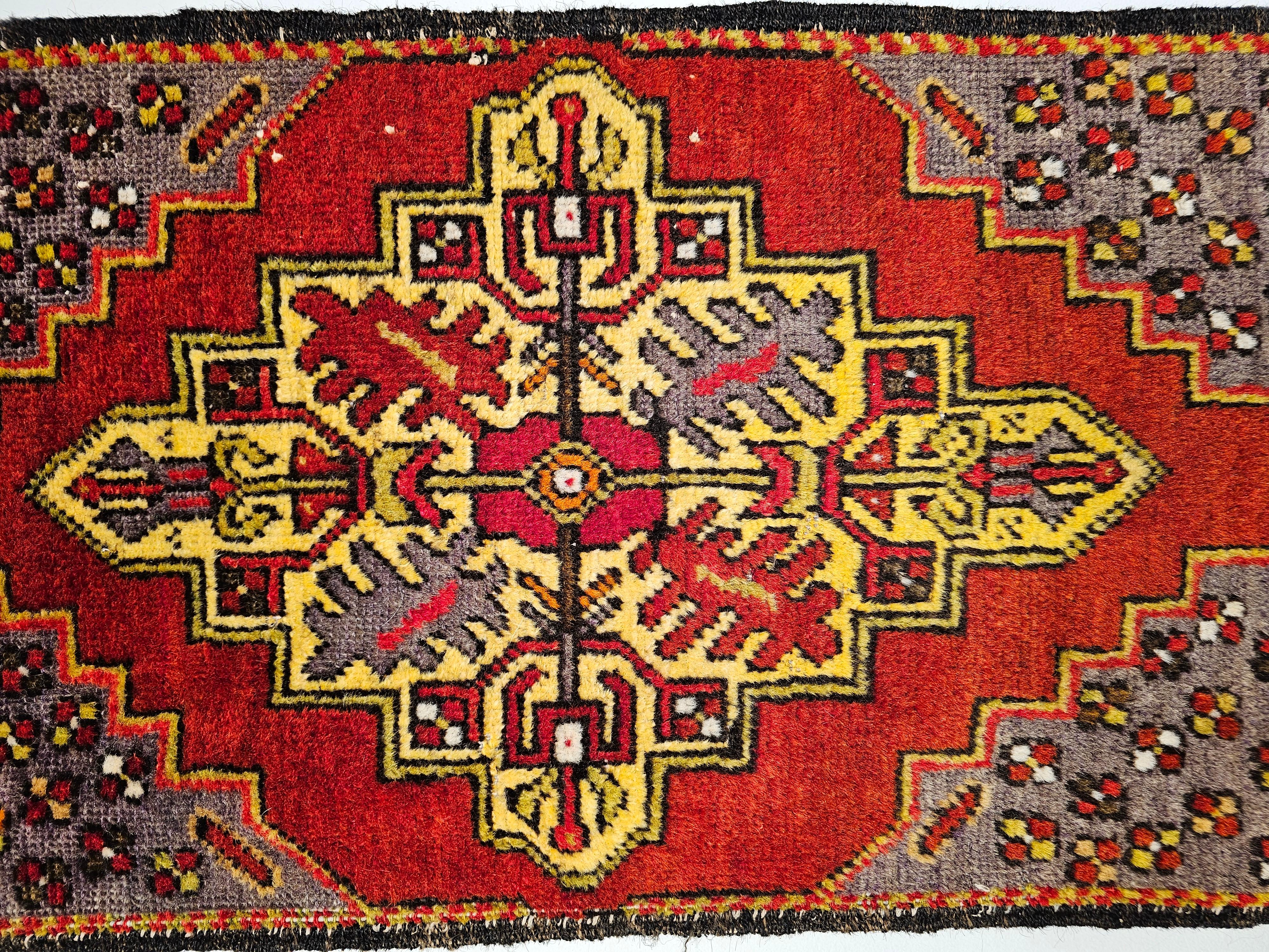 Hand-Woven Vintage Turkish Village Prayer Rug in Medallion Design in Red, Yellow, Purple For Sale