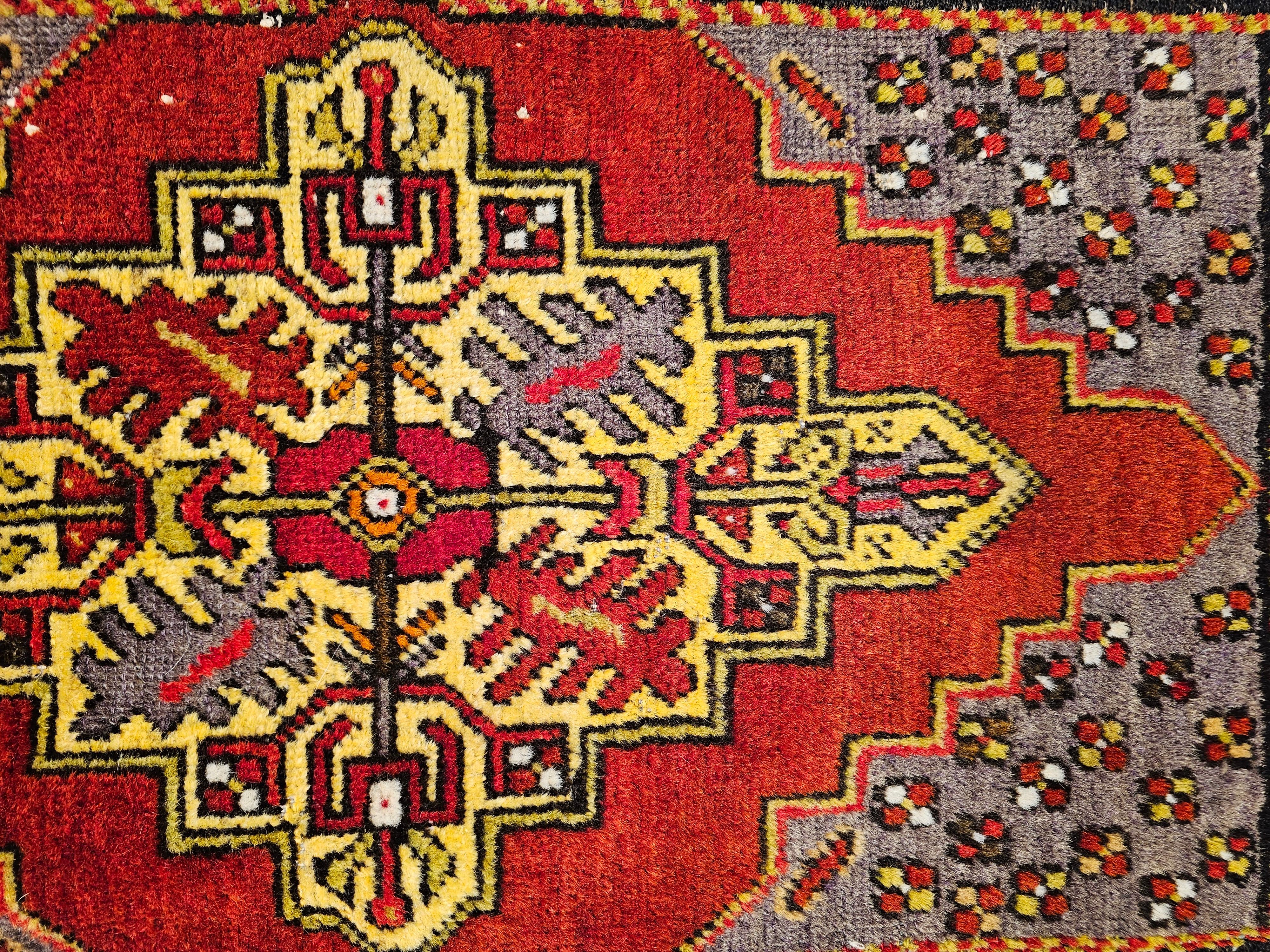 Vintage Turkish Village Prayer Rug in Medallion Design in Red, Yellow, Purple In Good Condition For Sale In Barrington, IL
