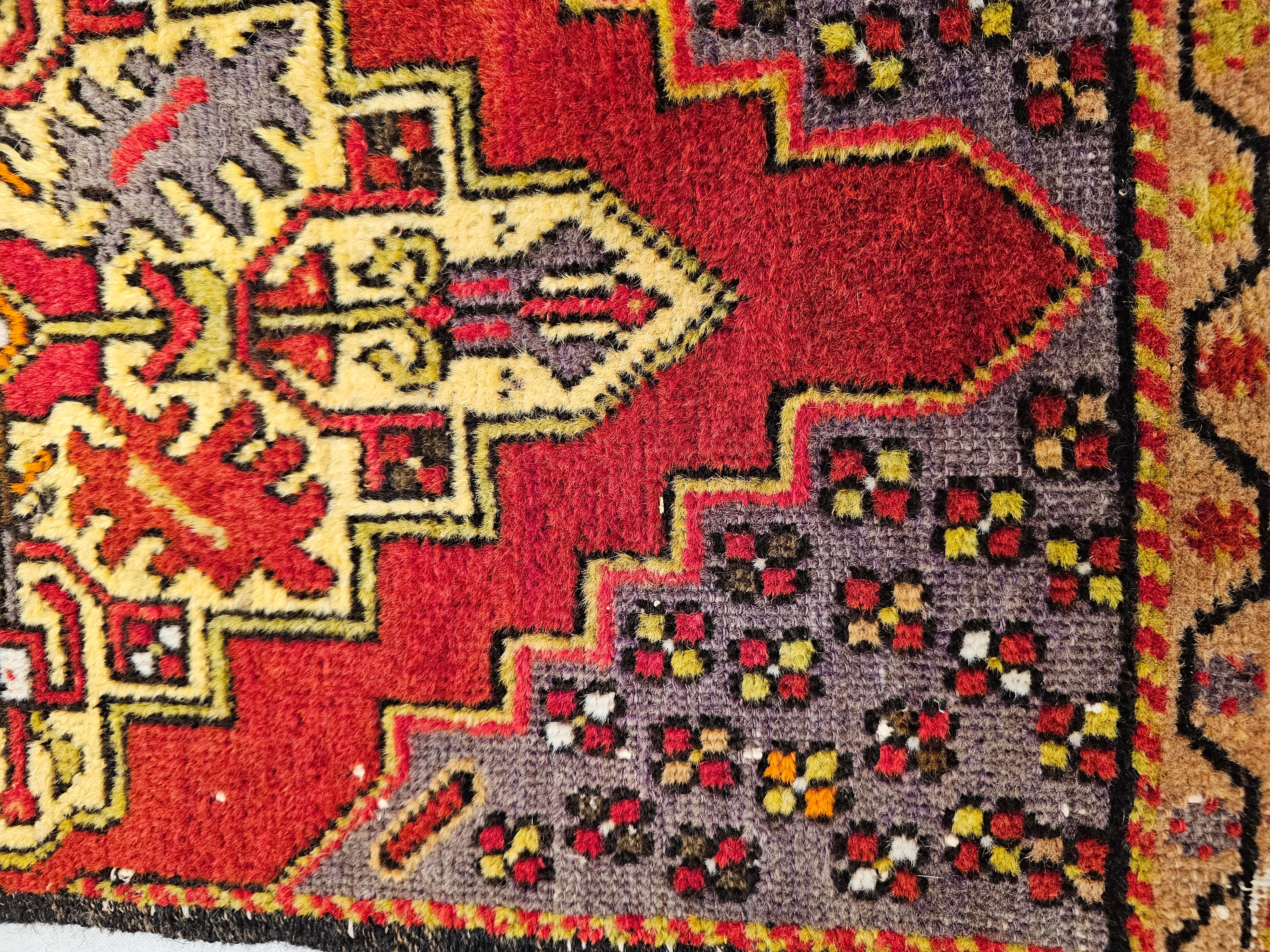Wool Vintage Turkish Village Prayer Rug in Medallion Design in Red, Yellow, Purple For Sale