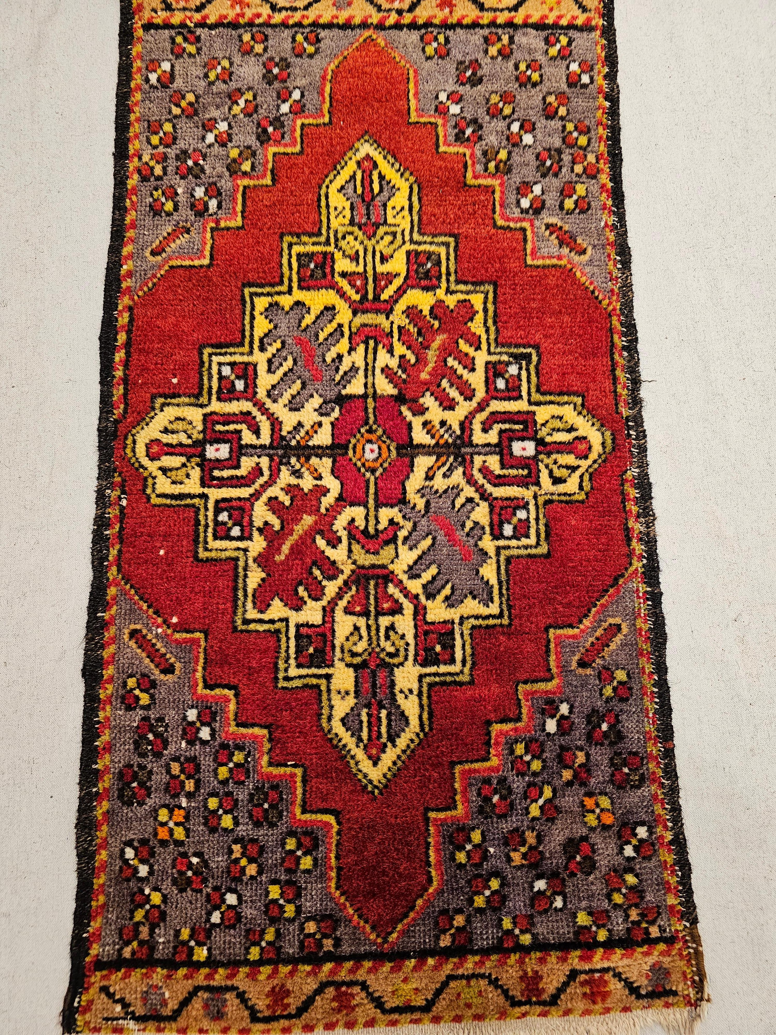 Vintage Turkish Village Prayer Rug in Medallion Design in Red, Yellow, Purple For Sale 2
