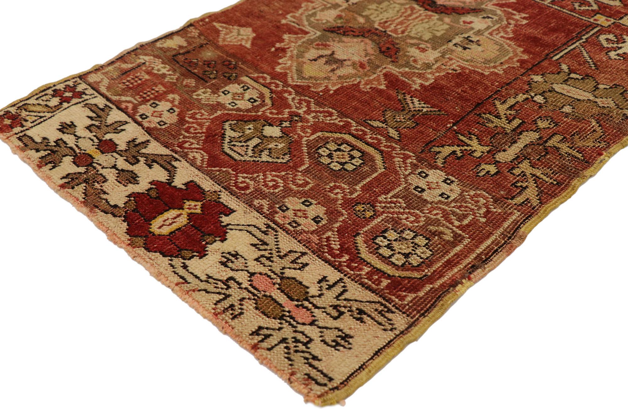 51192 Vintage Turkish Wagireh Yastik Rug, 01'08 x 02'04. This hand-knotted wool vintage Turkish Wagireh Yastik rug is a captivating blend of artistry and cultural heritage, serving as both a practical template and a stunning piece of decor. Each